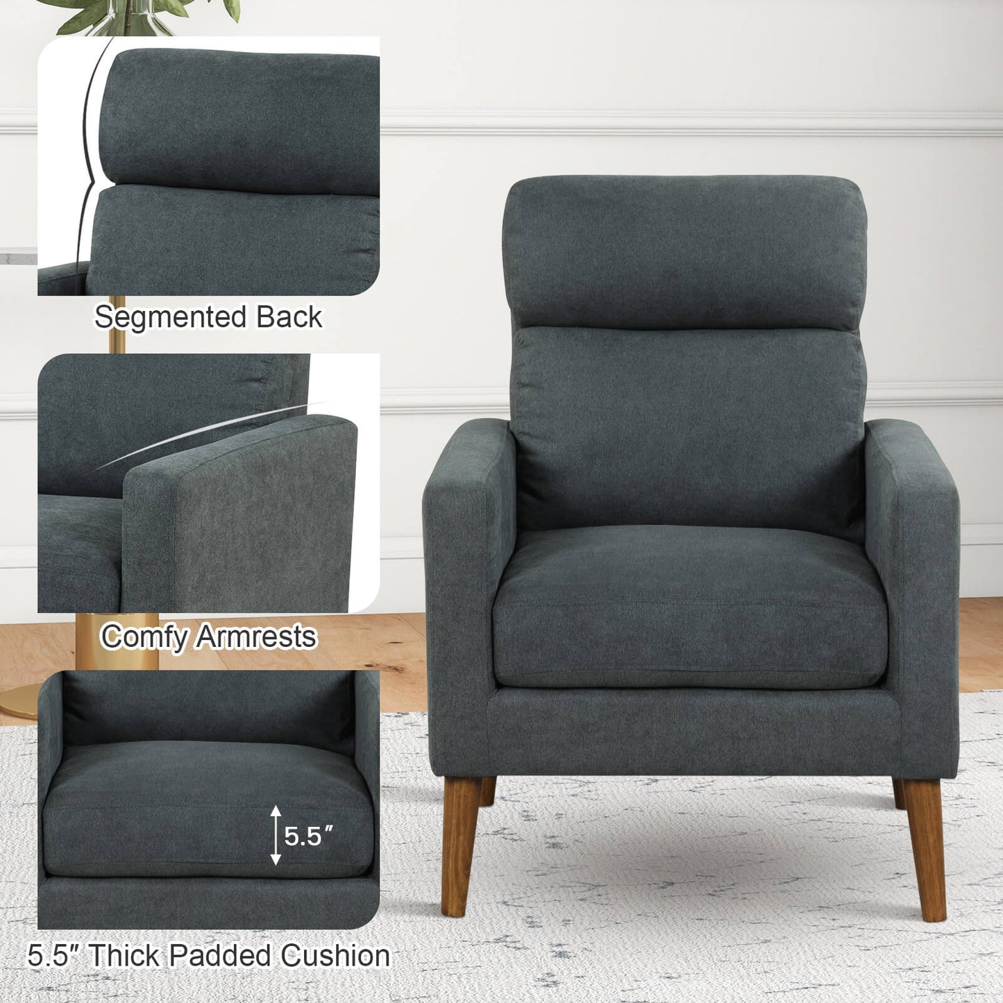 Modern Accent Chair with Lint Fabric Upholstery and Solid Wood Legs