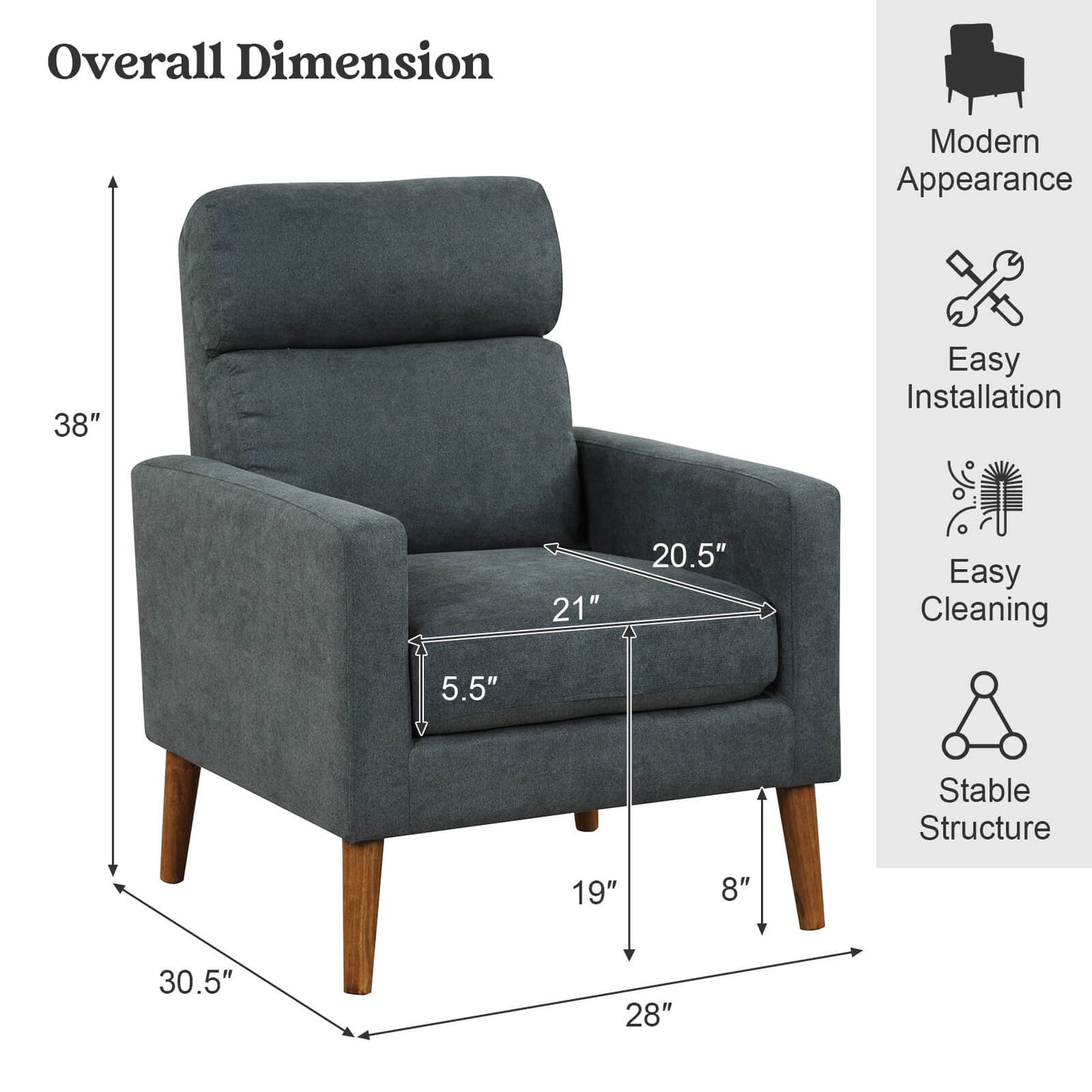 Modern Accent Chair with Lint Fabric Upholstery and Solid Wood Legs