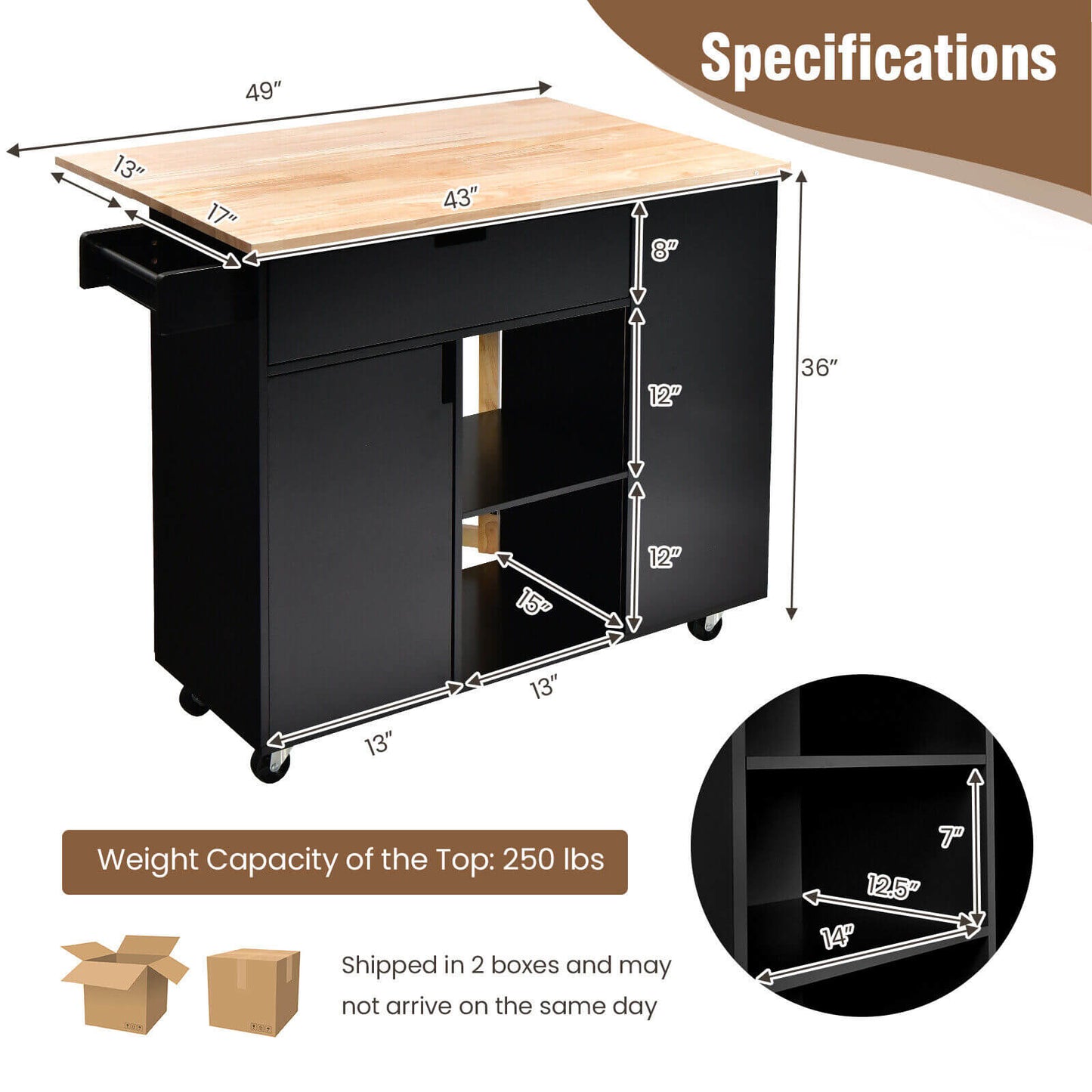 Expandable Kitchen Island Cart with Drop Leaf and Solid Rubber Wood Top - Black