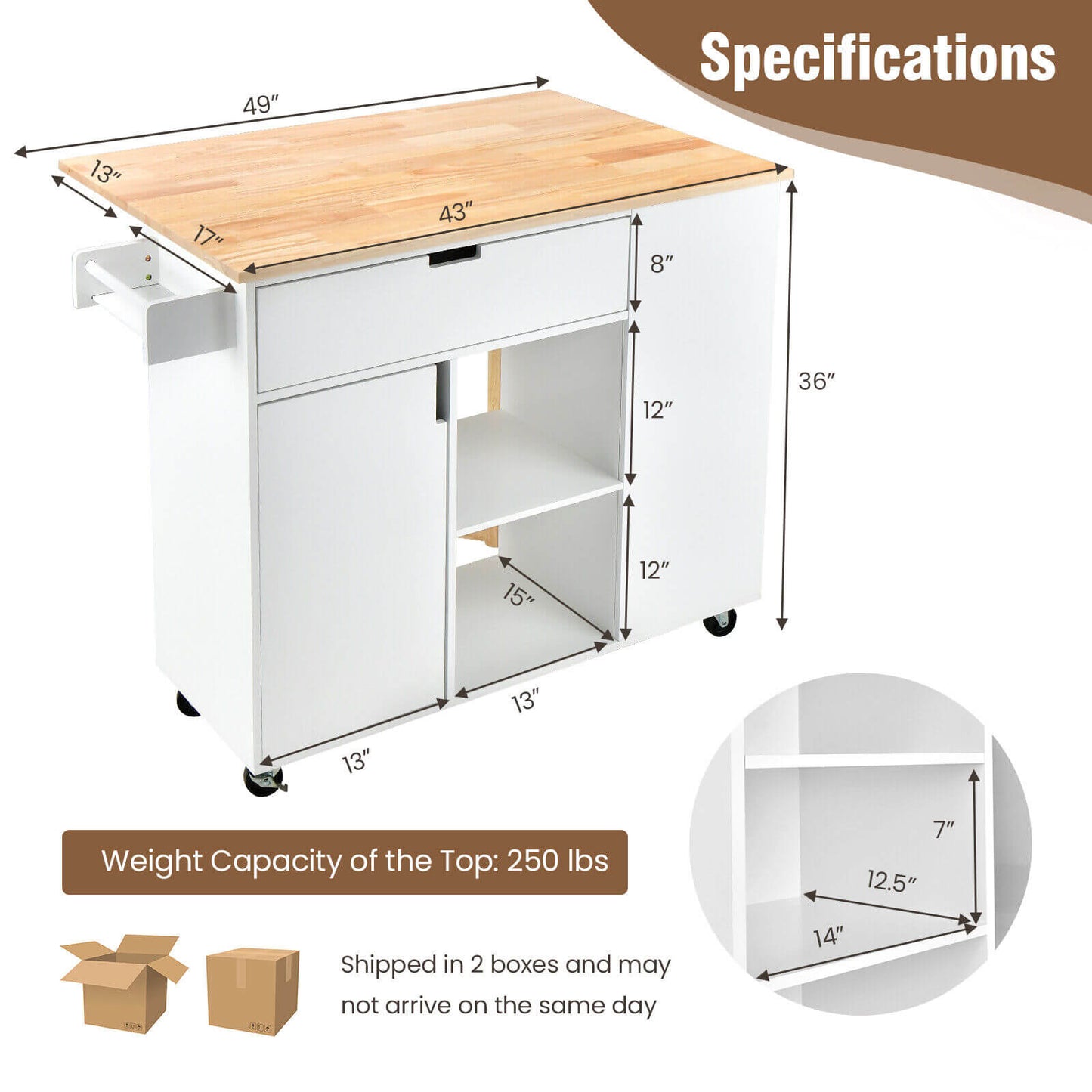 Expandable Kitchen Island Cart with Drop Leaf and Solid Rubber Wood Top - White