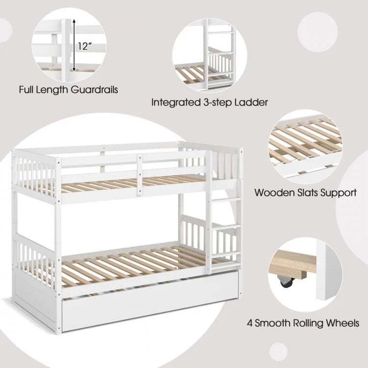 Convertible Twin Bunk Bed with Trundle, Ladder, and Full-Length Guardrails - White
