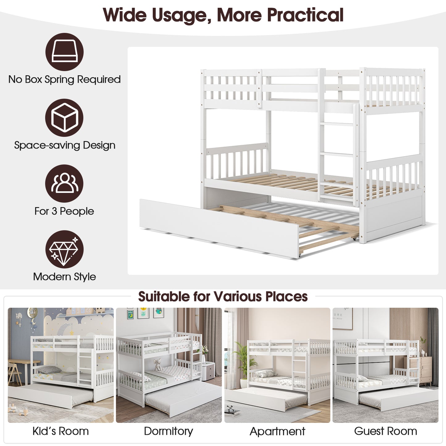 Convertible Twin Bunk Bed with Trundle, Ladder, and Full-Length Guardrails - White