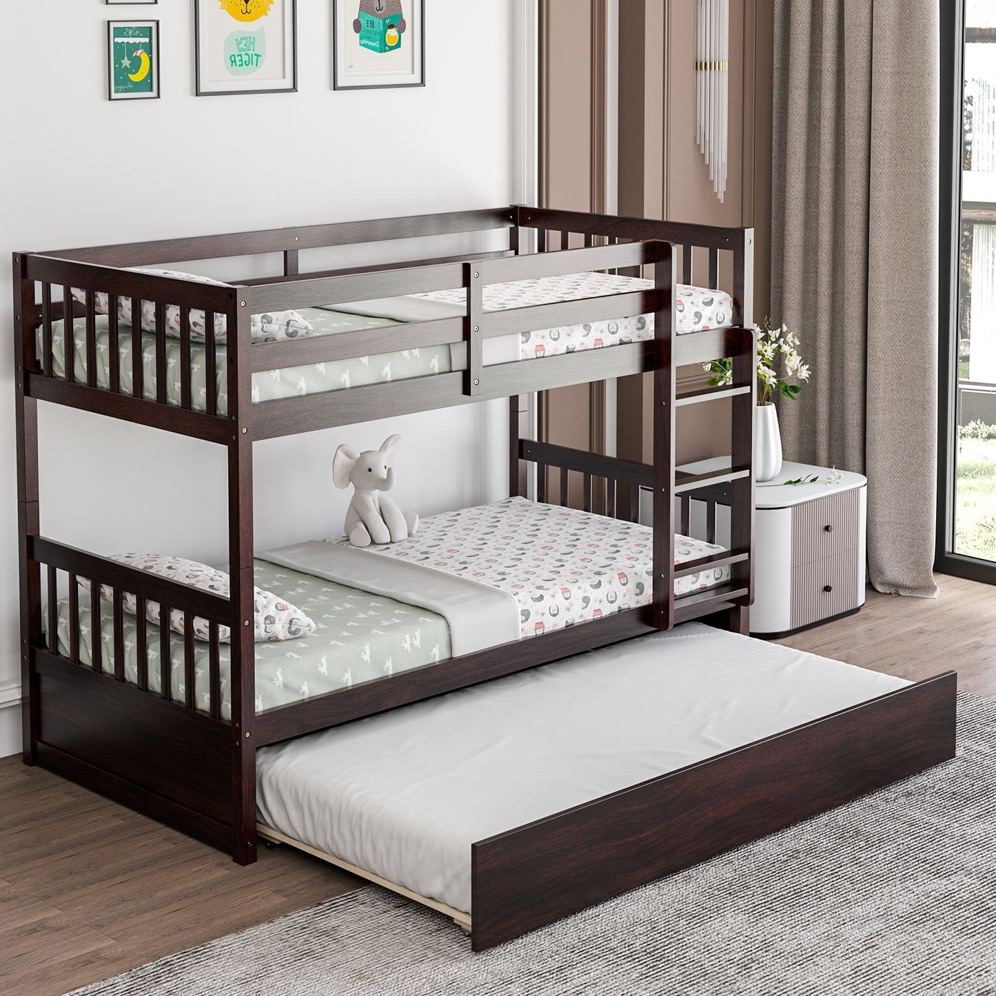Convertible Twin Bunk Bed with Trundle, Ladder, and Full-Length Guardrails - Brown