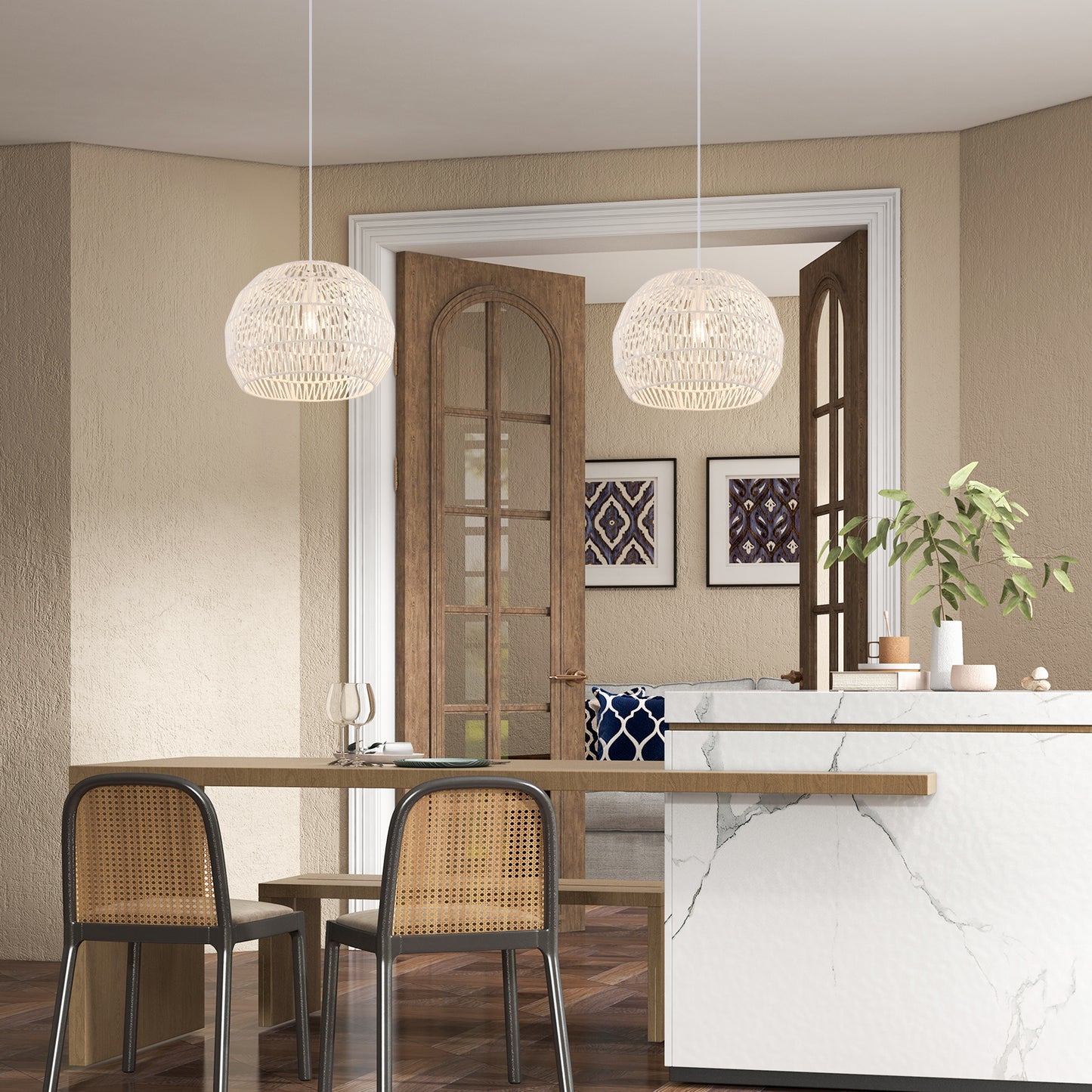 Elegant Round Rattan Pendant Light with Customizable Hanging Rope