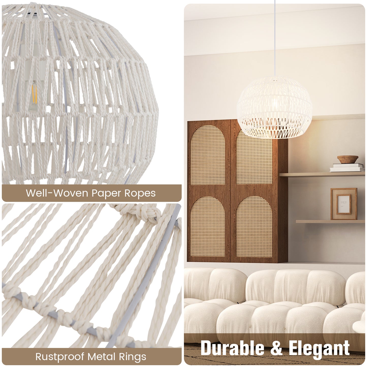 Elegant Round Rattan Pendant Light with Customizable Hanging Rope