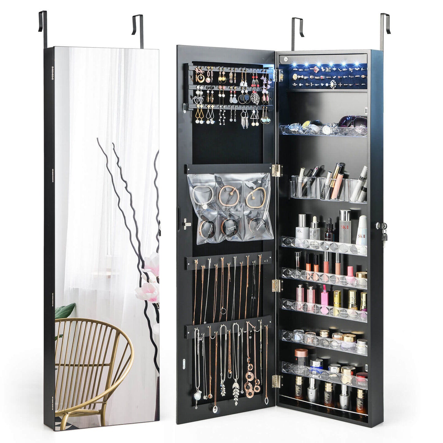 Frameless LED Mirror Jewelry Armoire with Lock, Wall or Door Mounted – Black