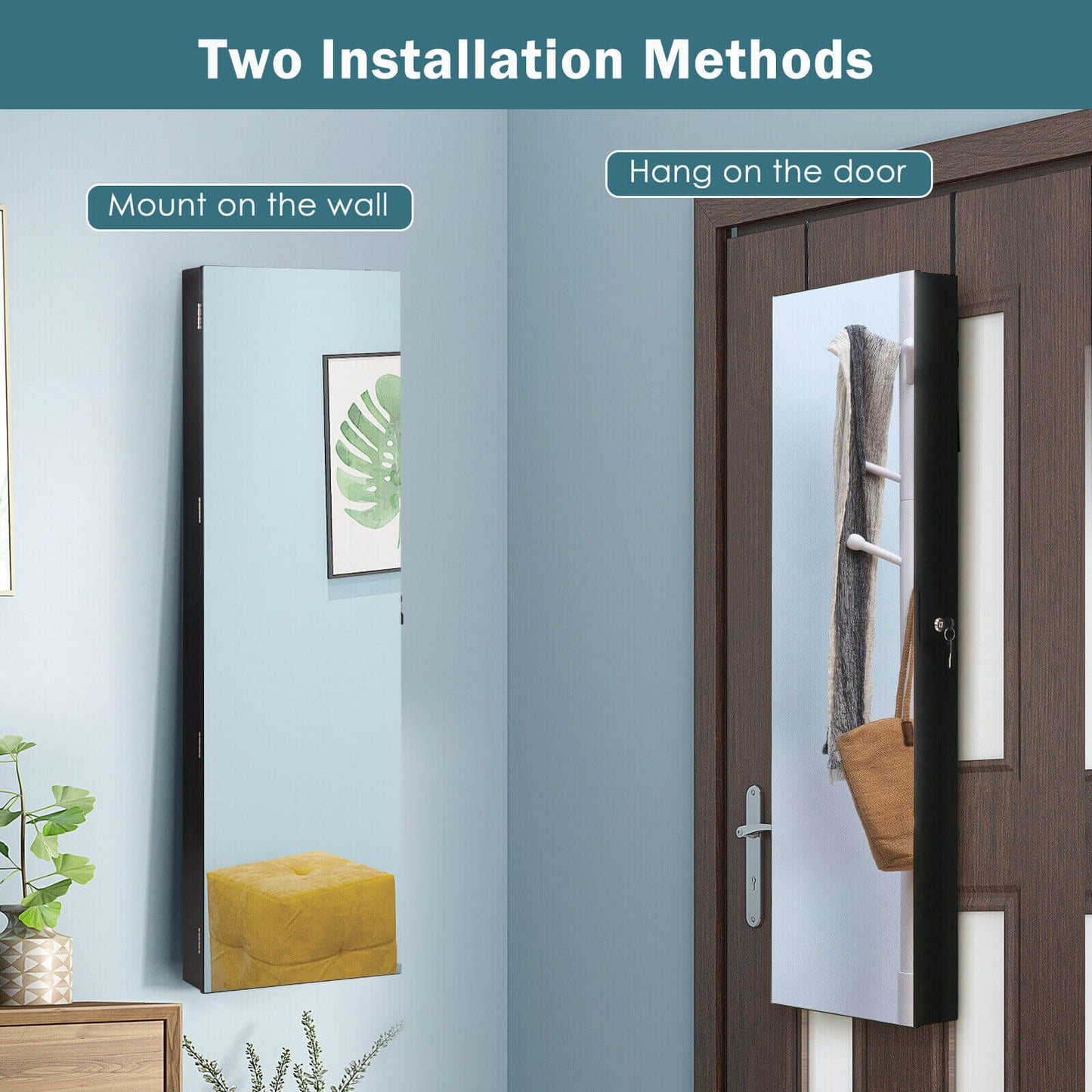 Frameless LED Mirror Jewelry Armoire with Lock, Wall or Door Mounted – Black