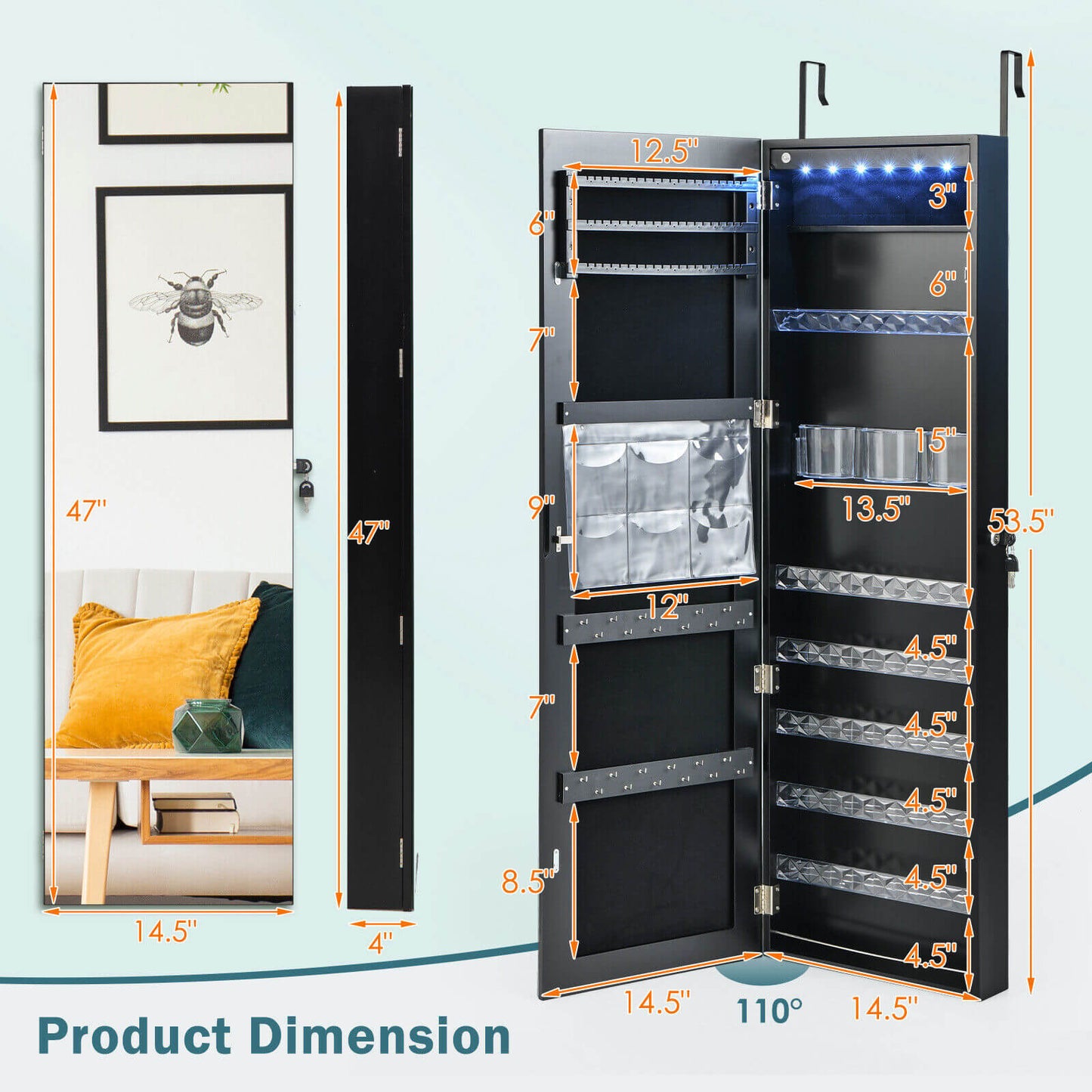 Frameless LED Mirror Jewelry Armoire with Lock, Wall or Door Mounted – Black