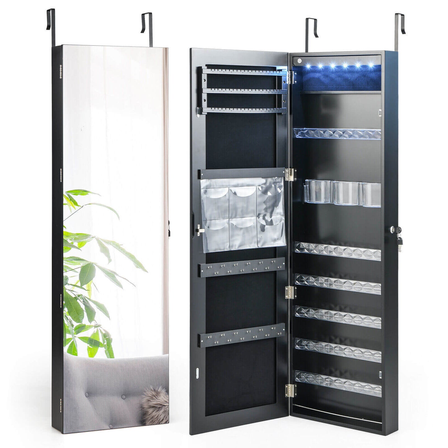 Frameless LED Mirror Jewelry Armoire with Lock, Wall or Door Mounted – Black