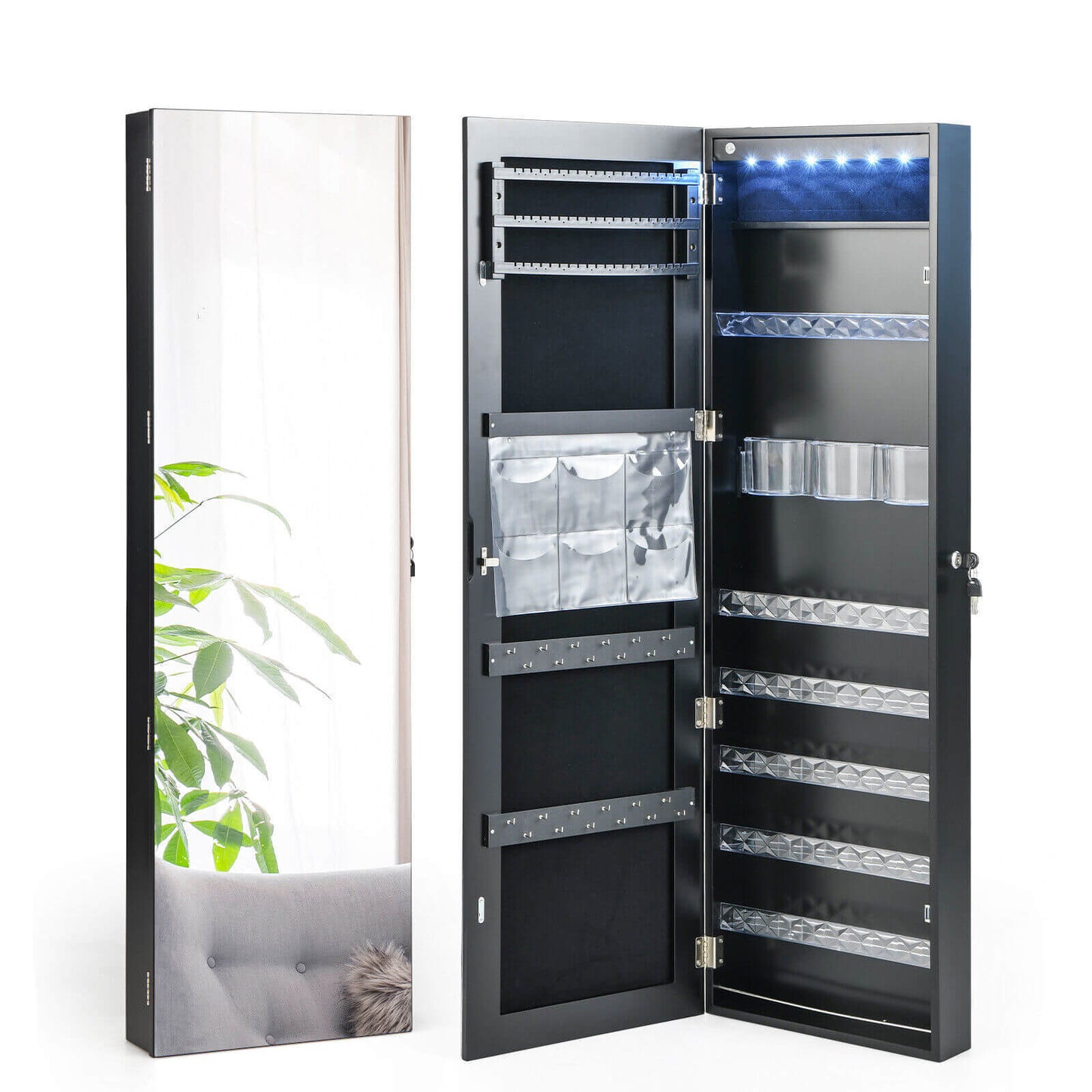 Frameless LED Mirror Jewelry Armoire with Lock, Wall or Door Mounted – Black