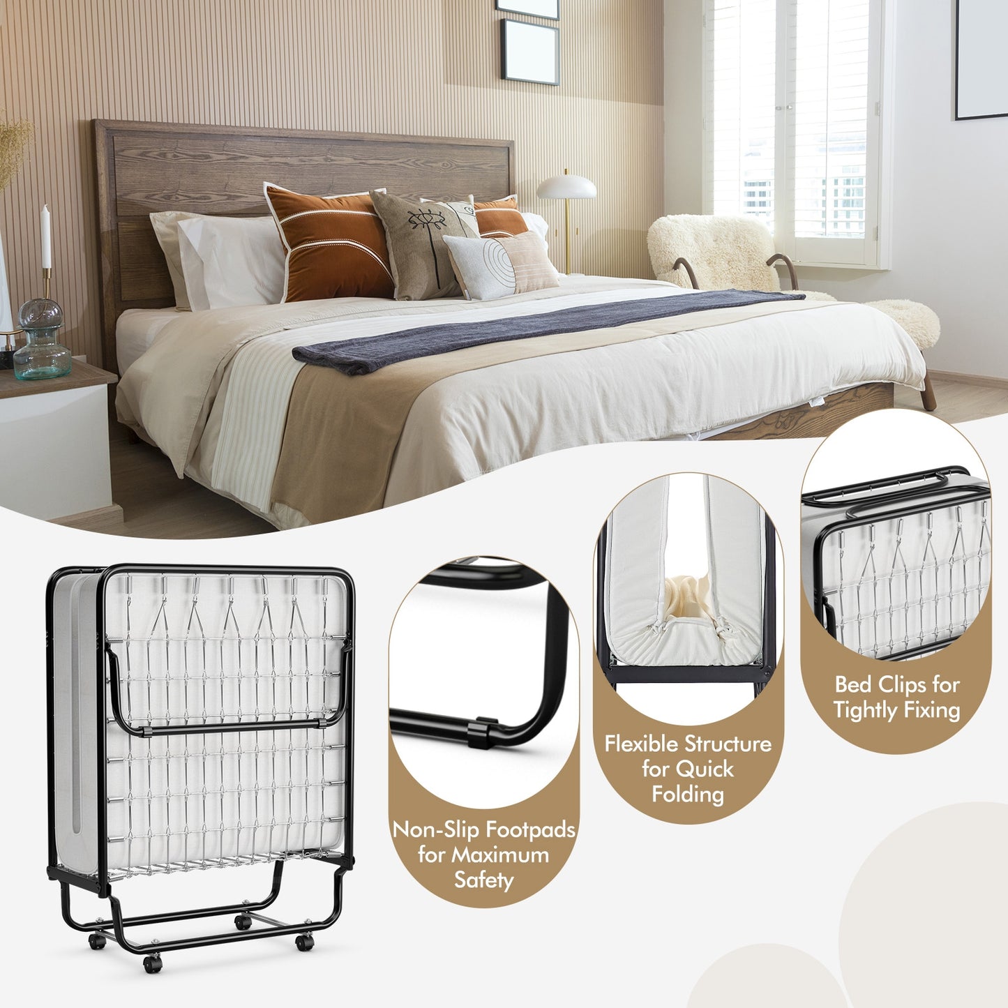 Premium Italian Made Rollaway Folding Bed with Memory Foam Mattress & Sturdy Metal Frame