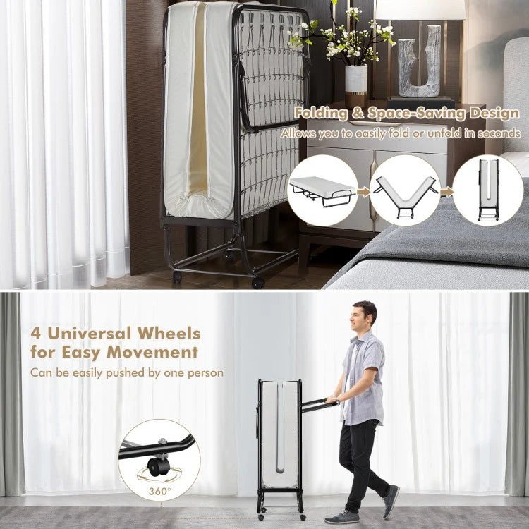 Premium Italian Made Rollaway Folding Bed with Memory Foam Mattress & Sturdy Metal Frame
