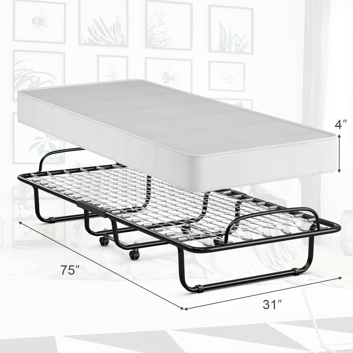 Premium Italian Made Rollaway Folding Bed with Memory Foam Mattress & Sturdy Metal Frame
