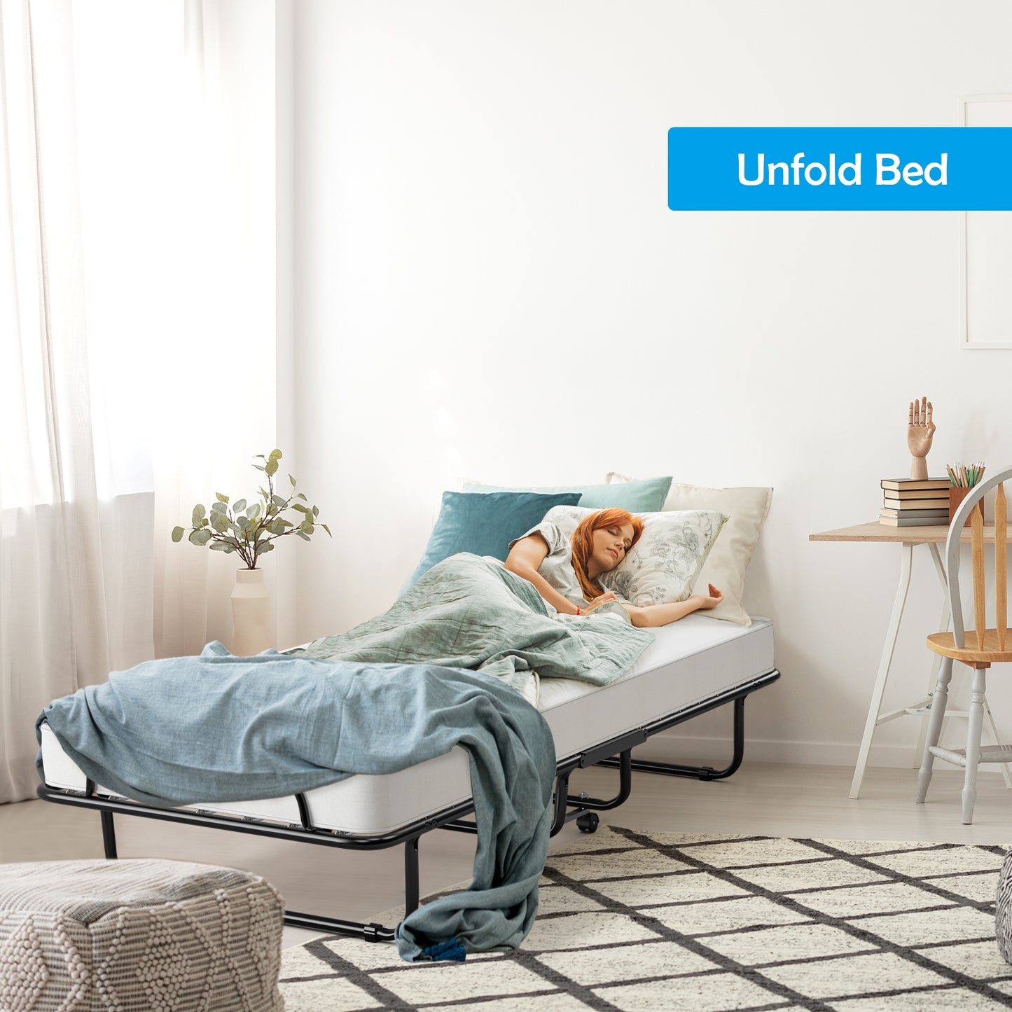 Premium Italian Made Rollaway Folding Bed with Memory Foam Mattress & Sturdy Metal Frame