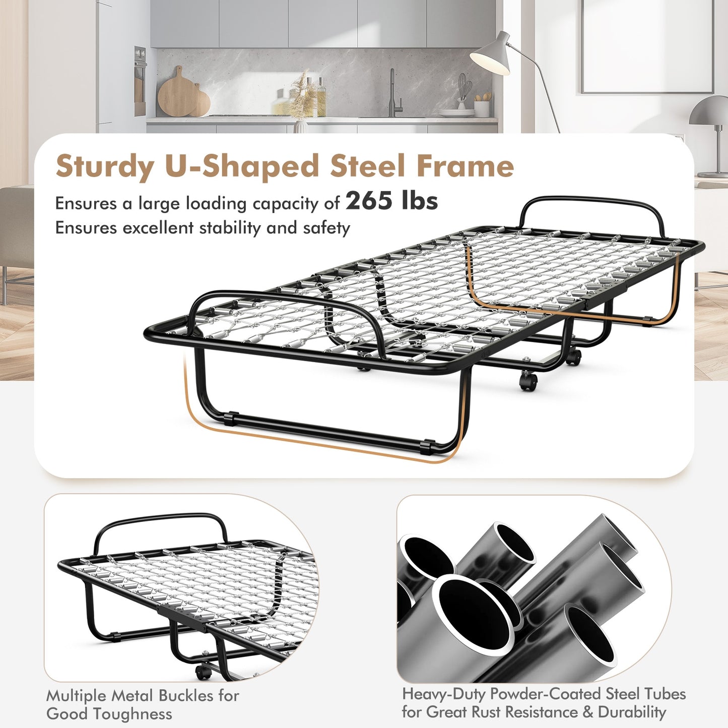 Premium Italian Made Rollaway Folding Bed with Memory Foam Mattress & Sturdy Metal Frame