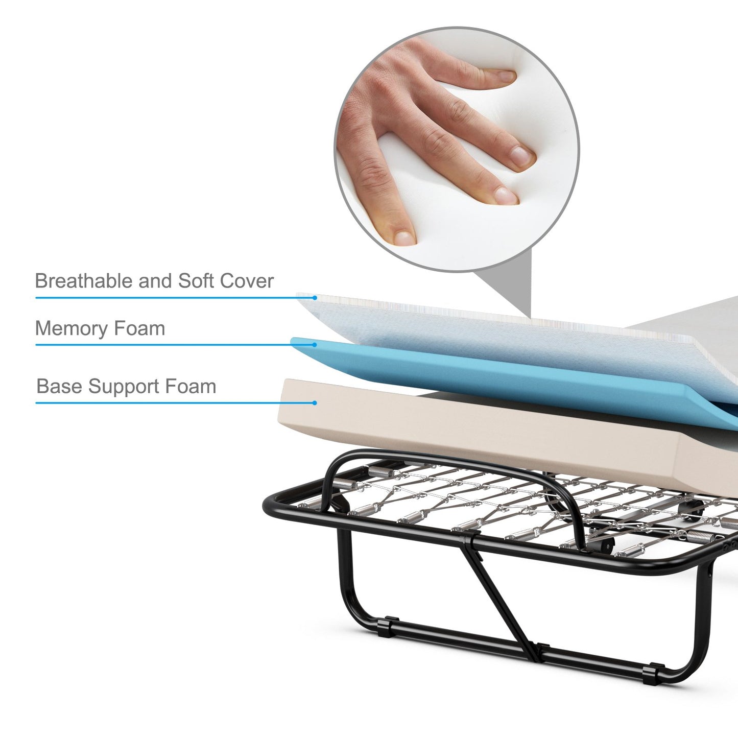 Premium Italian Made Rollaway Folding Bed with Memory Foam Mattress & Sturdy Metal Frame