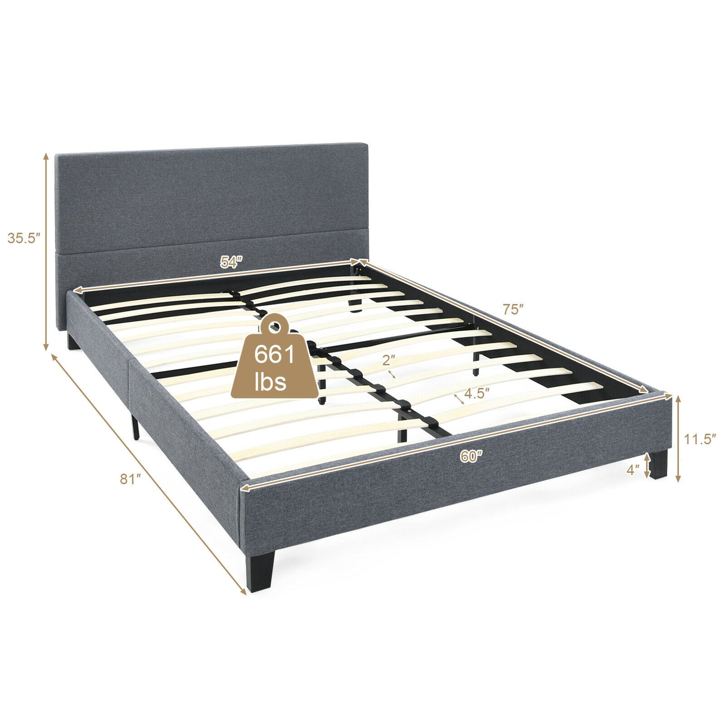 Modern Upholstered Platform Bed Frame with Linen Headboard – Full Size