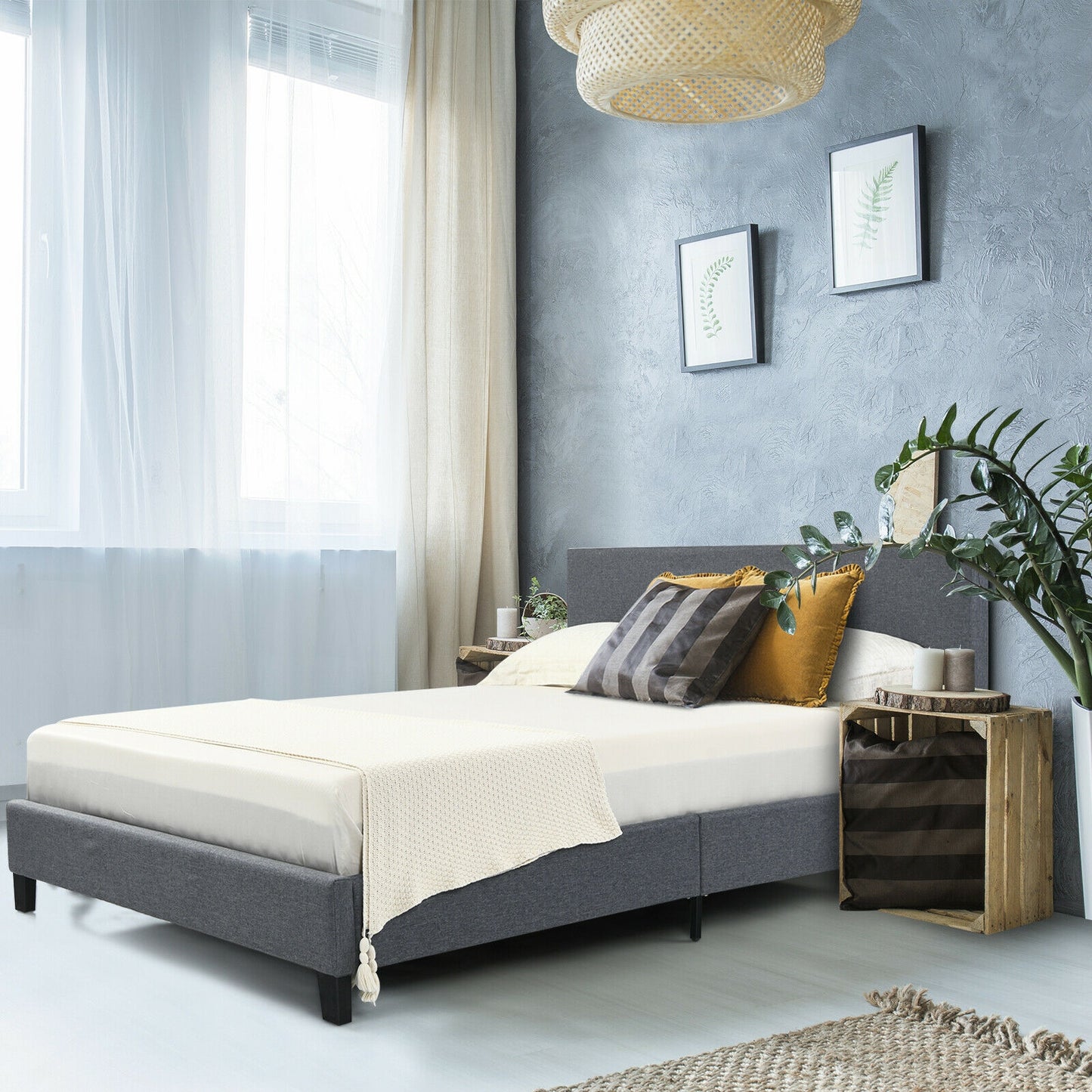 Modern Upholstered Platform Bed Frame with Linen Headboard – Full Size