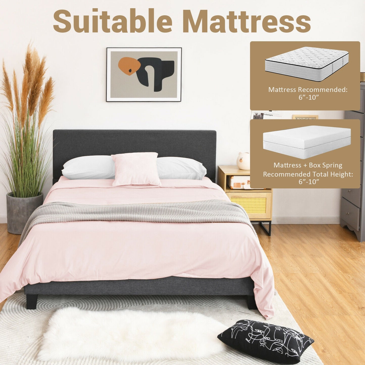 Modern Upholstered Platform Bed Frame with Linen Headboard – Full Size