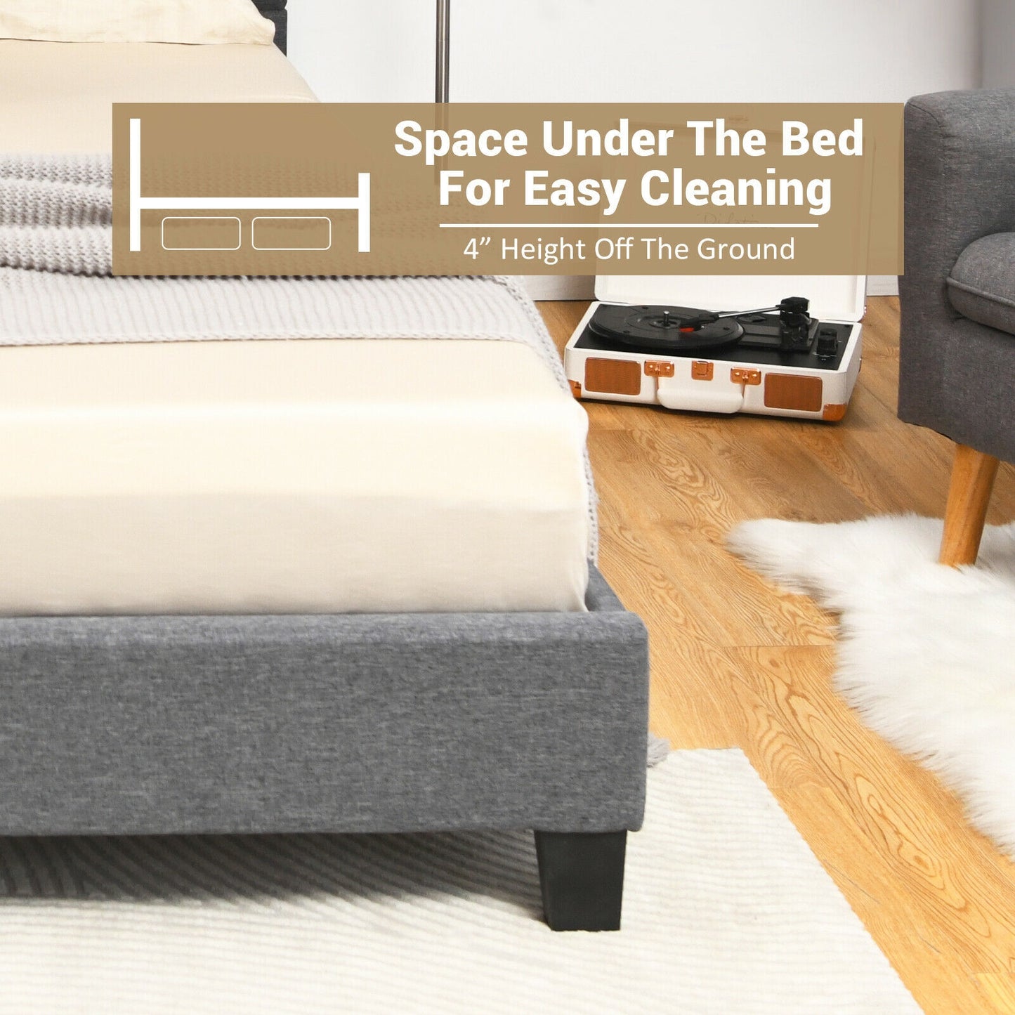 Modern Upholstered Platform Bed Frame with Linen Headboard – Full Size