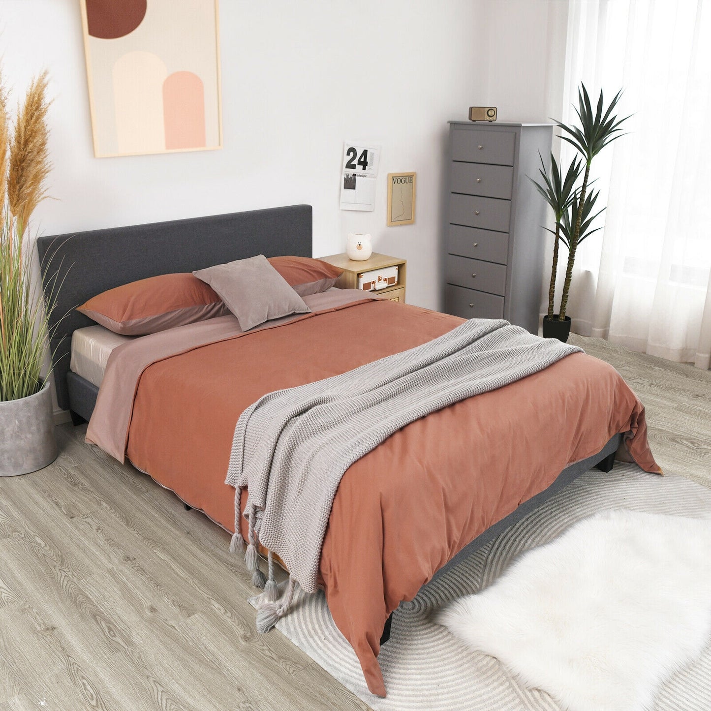 Modern Upholstered Platform Bed Frame with Linen Headboard – Queen Size