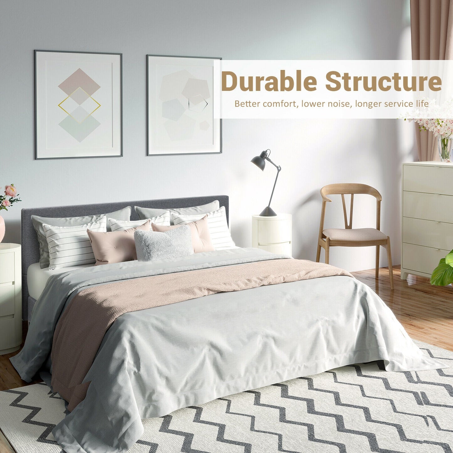Modern Upholstered Platform Bed Frame with Linen Headboard – Queen Size