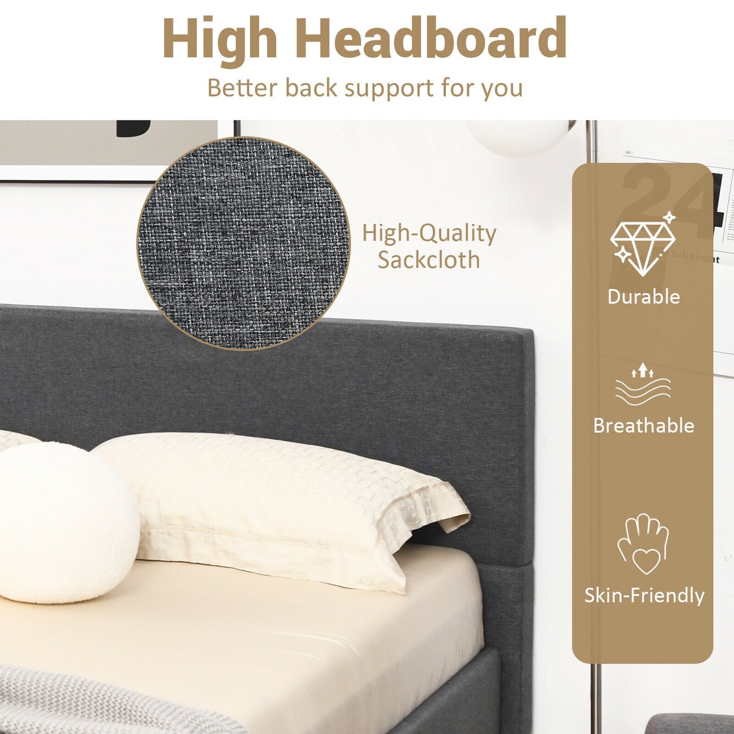 Modern Upholstered Platform Bed Frame with Linen Headboard – Queen Size