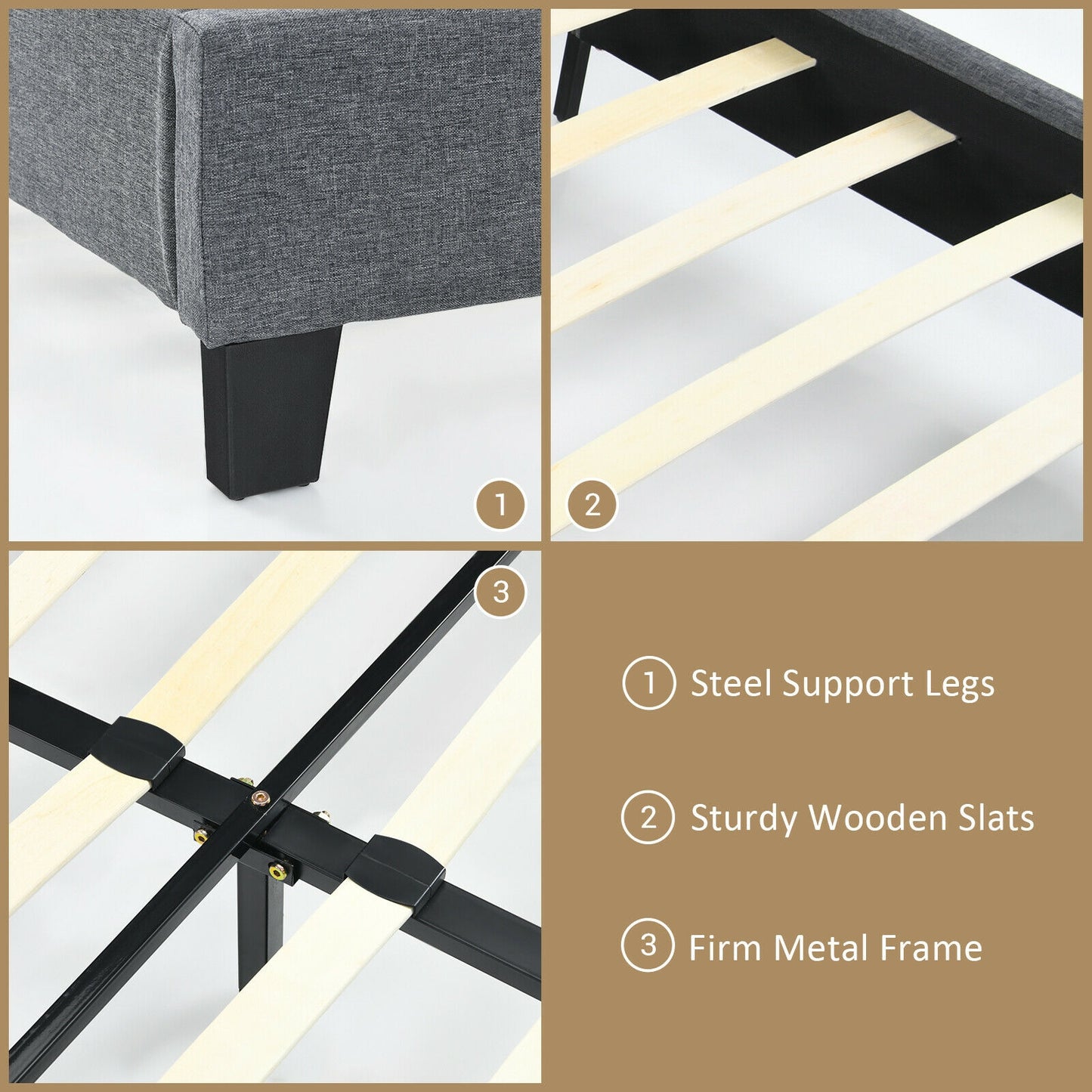 Modern Upholstered Platform Bed Frame with Linen Headboard – Queen Size