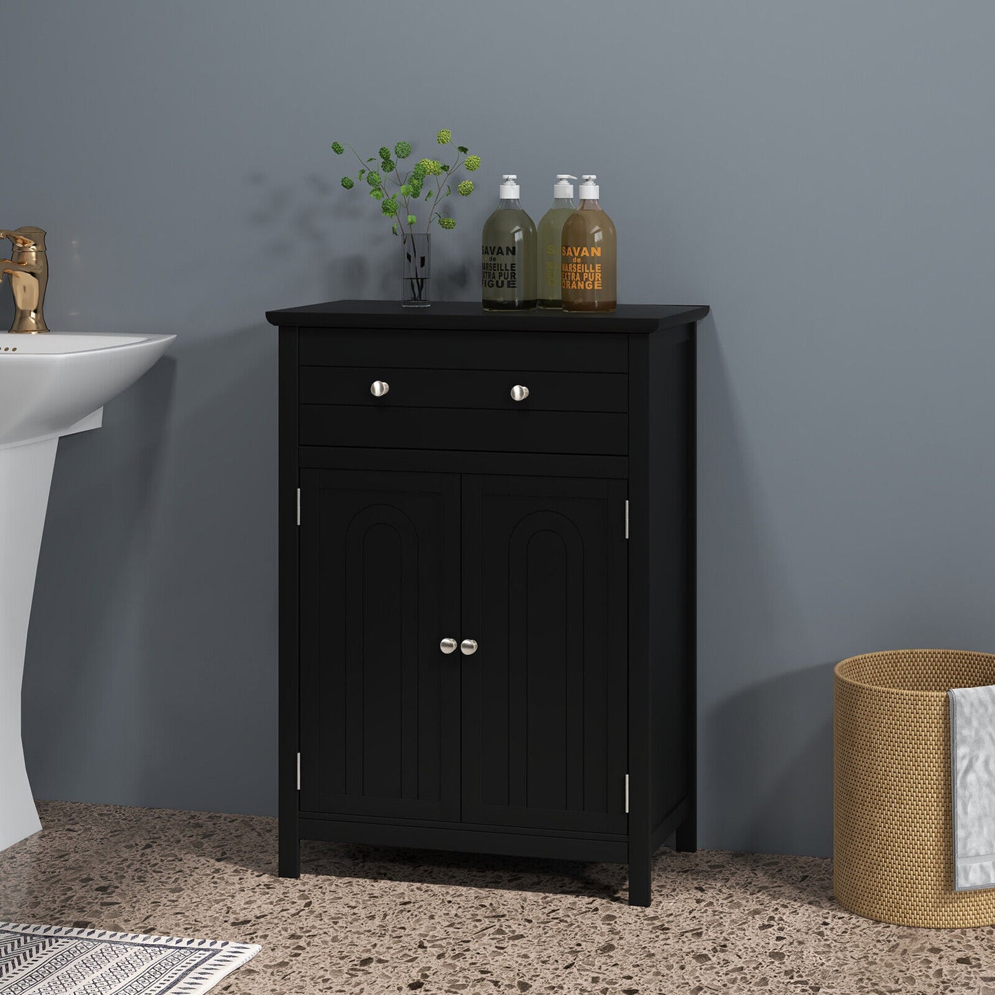 Modern 2 Door Storage Cabinet with Drawer & Adjustable Shelf