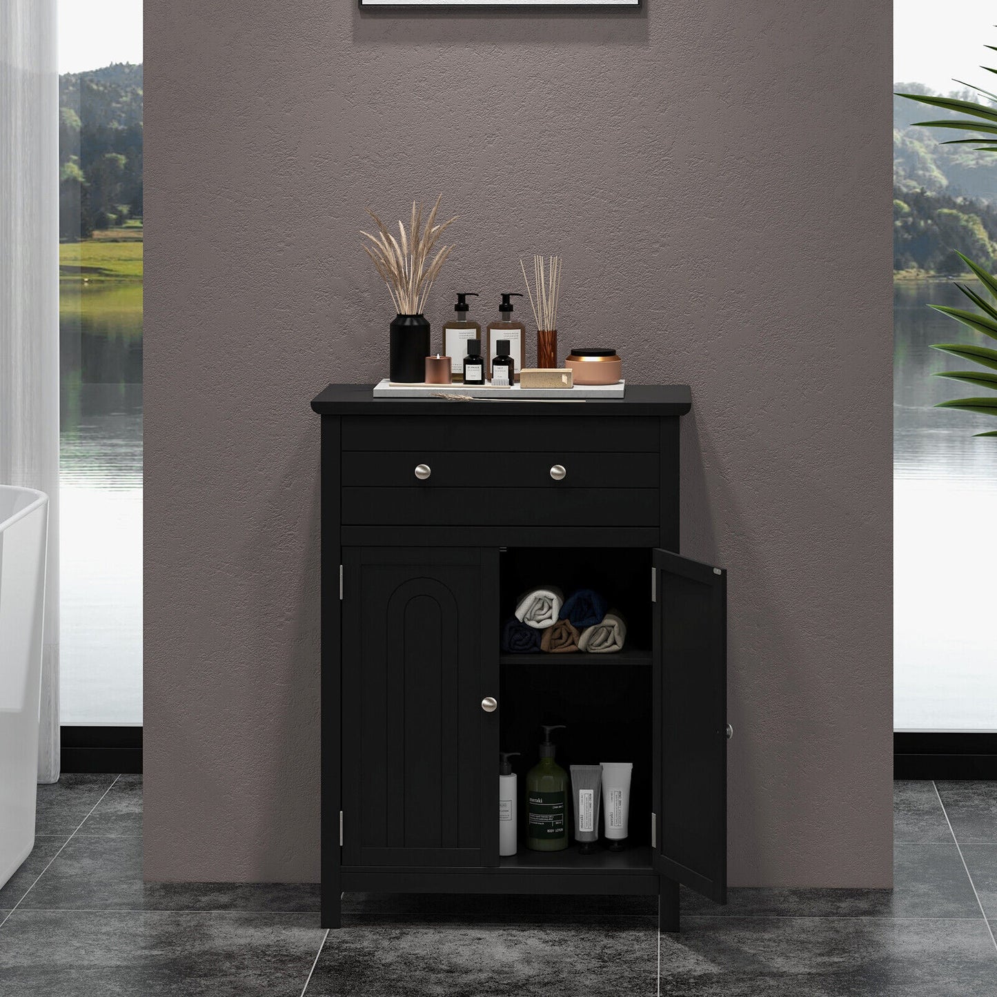 Modern 2 Door Storage Cabinet with Drawer & Adjustable Shelf
