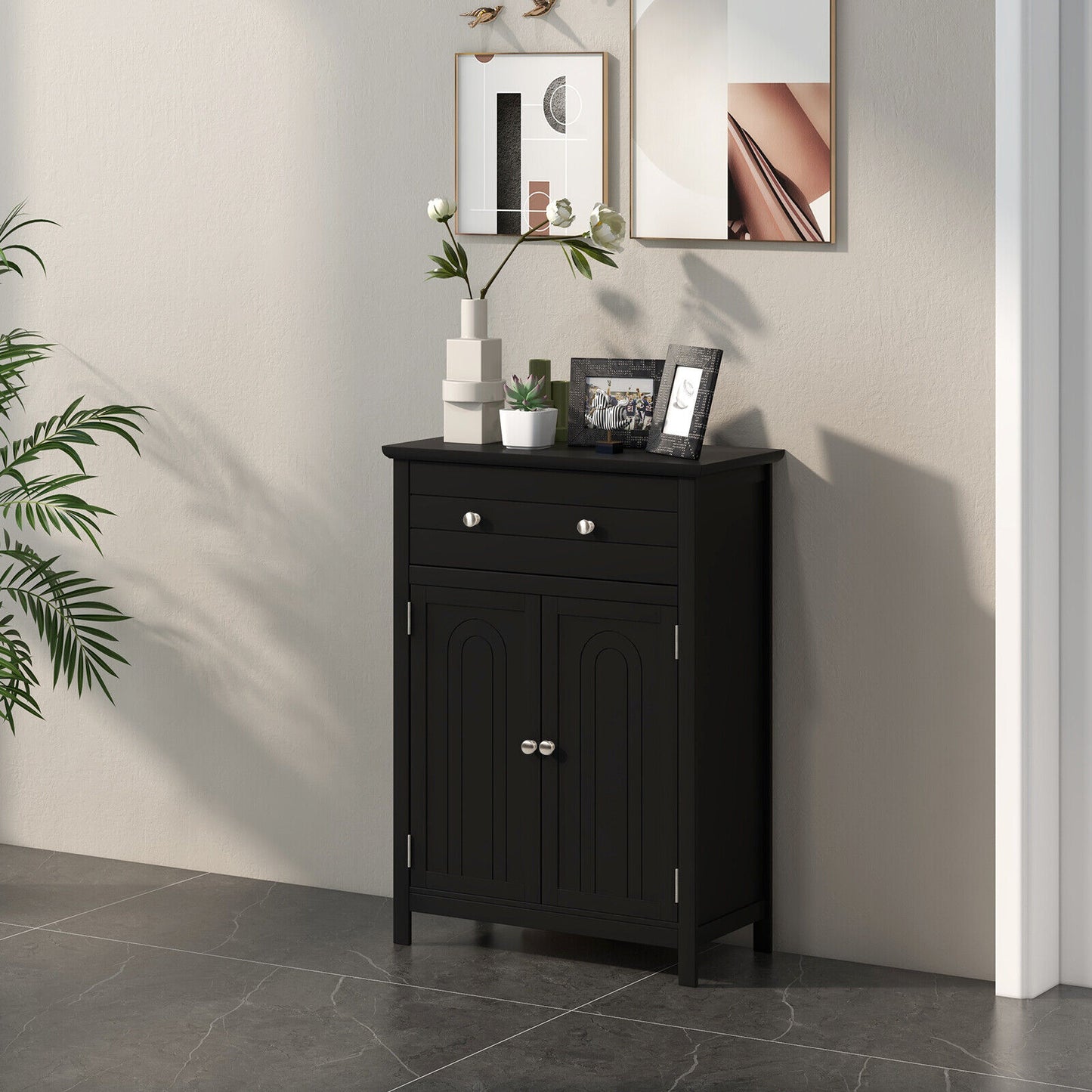 Modern 2 Door Storage Cabinet with Drawer & Adjustable Shelf