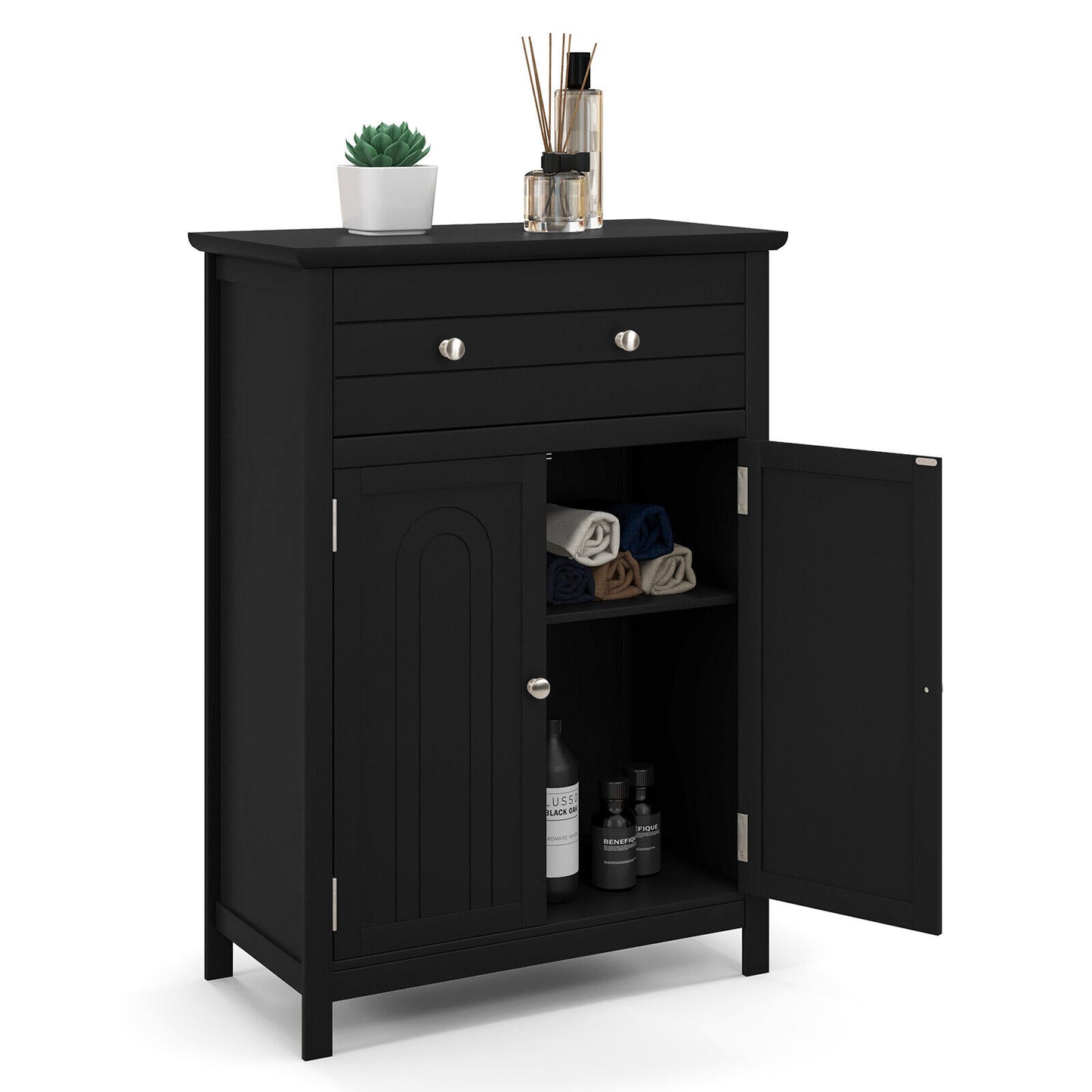 Modern 2 Door Storage Cabinet with Drawer & Adjustable Shelf