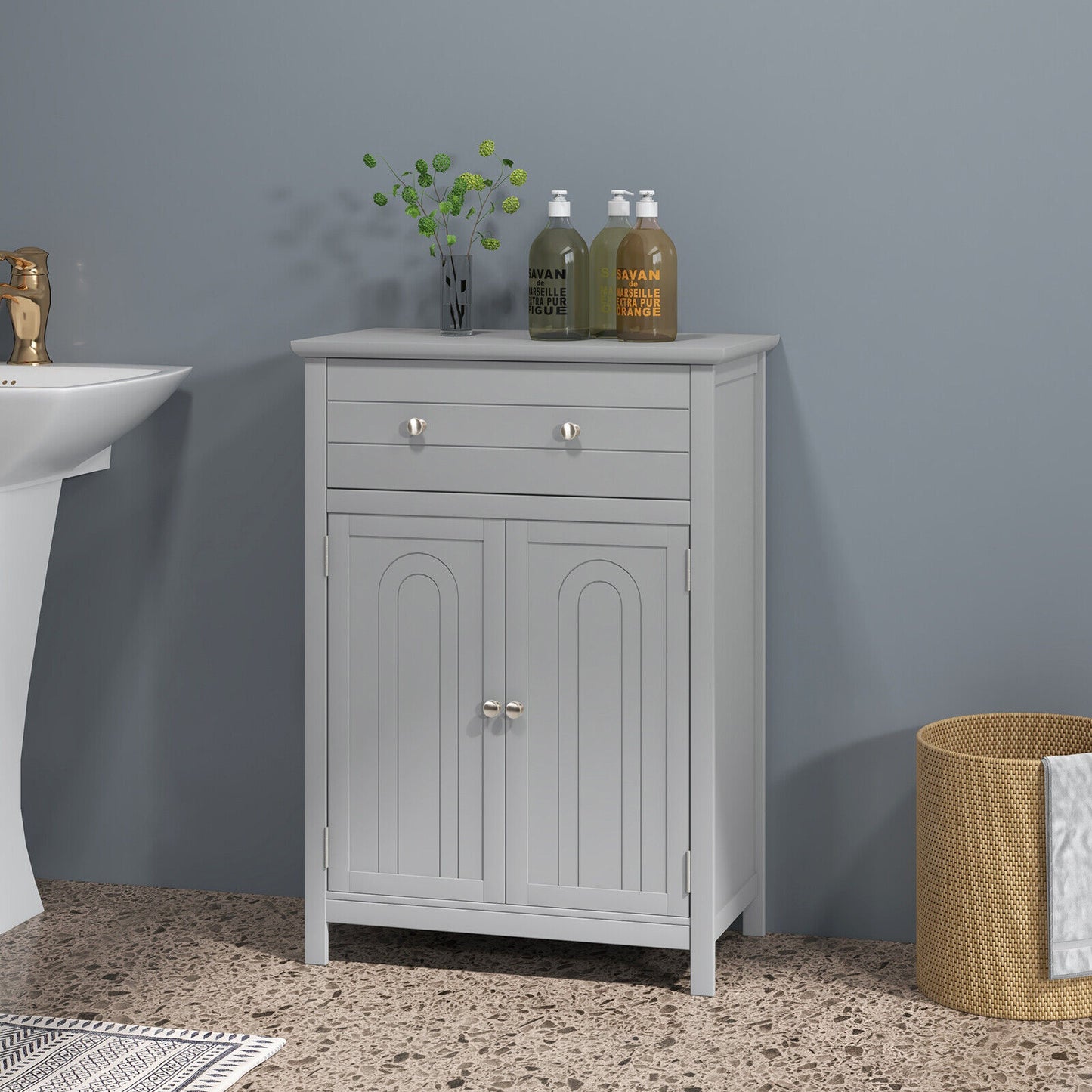 Modern 2 Door Storage Cabinet with Drawer & Adjustable Shelf