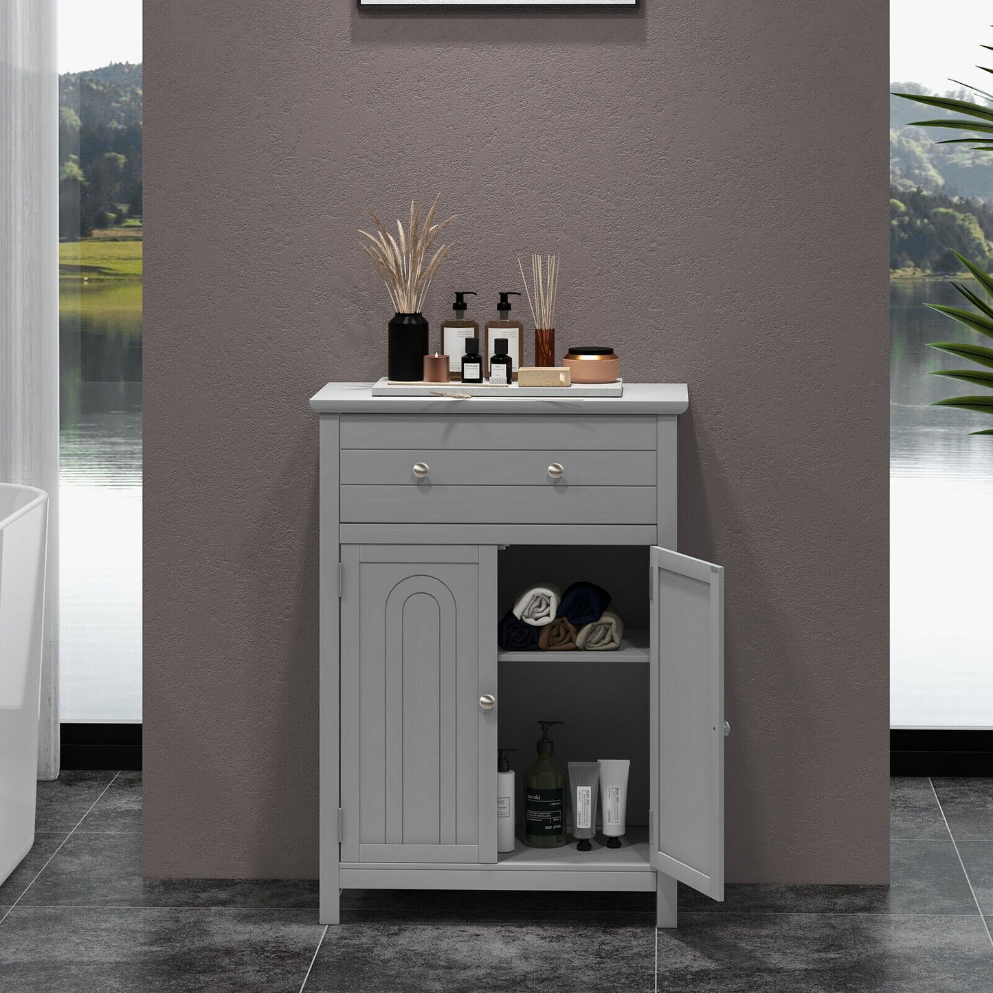 Modern 2 Door Storage Cabinet with Drawer & Adjustable Shelf