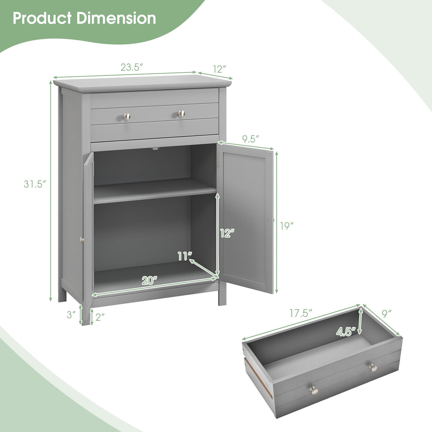 Modern 2 Door Storage Cabinet with Drawer & Adjustable Shelf