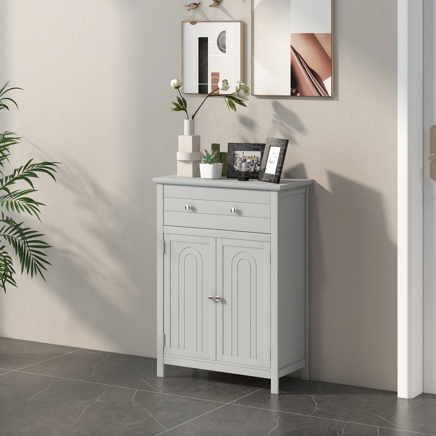 Modern 2 Door Storage Cabinet with Drawer & Adjustable Shelf