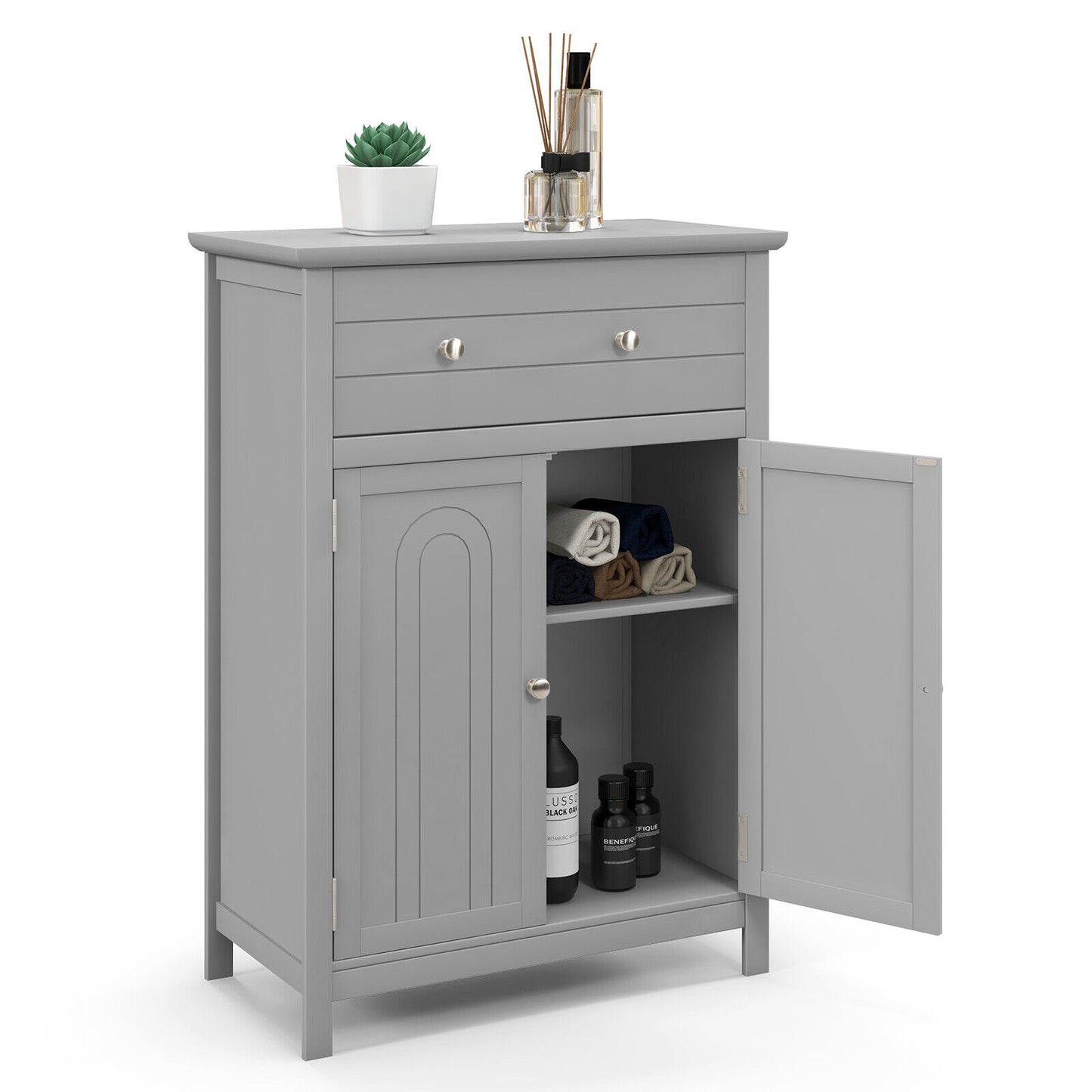 Modern 2 Door Storage Cabinet with Drawer & Adjustable Shelf