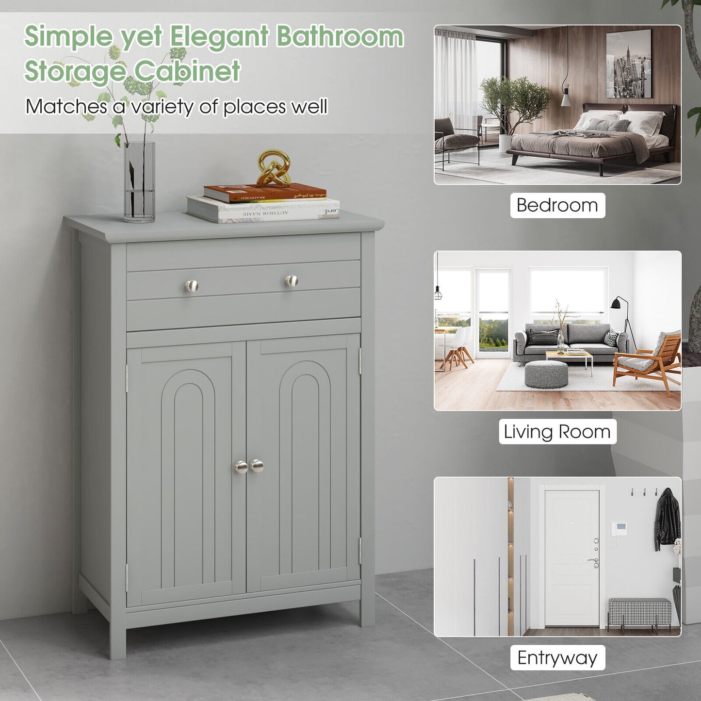 Modern 2 Door Storage Cabinet with Drawer & Adjustable Shelf
