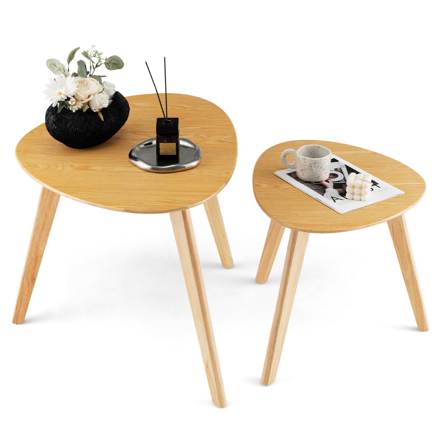 Set of 2 Modern Nesting Coffee Tables, Triangle Design, Solid Rubber Wood, Natural Look