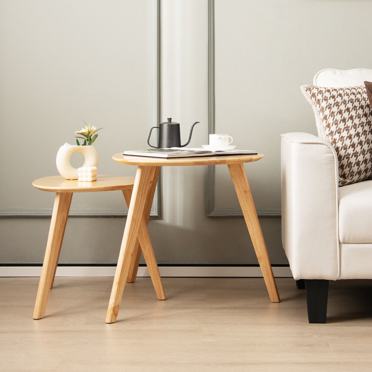 Set of 2 Modern Nesting Coffee Tables, Triangle Design, Solid Rubber Wood, Natural Look