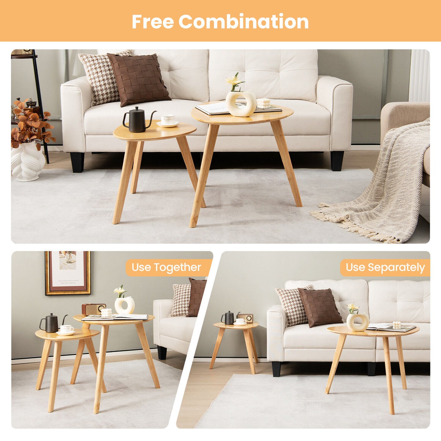 Set of 2 Modern Nesting Coffee Tables, Triangle Design, Solid Rubber Wood, Natural Look