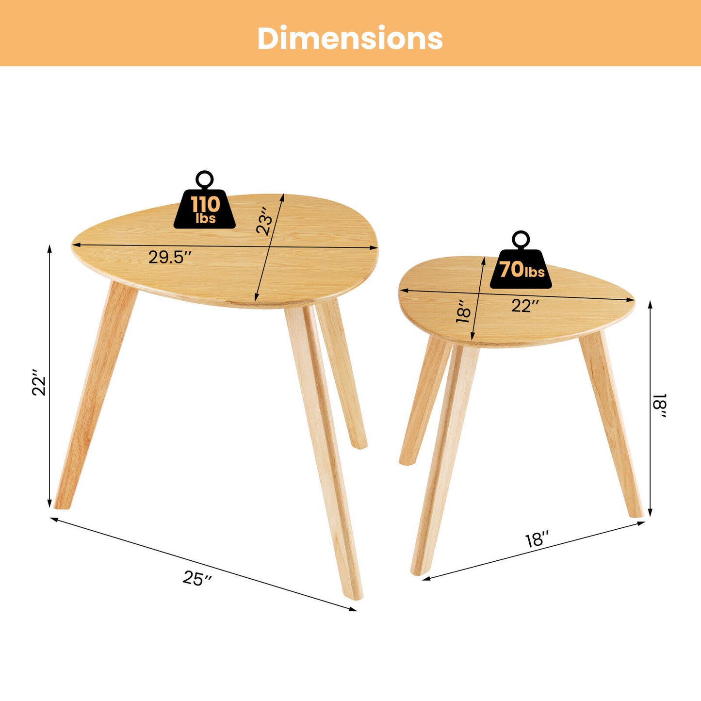 Set of 2 Modern Nesting Coffee Tables, Triangle Design, Solid Rubber Wood, Natural Look