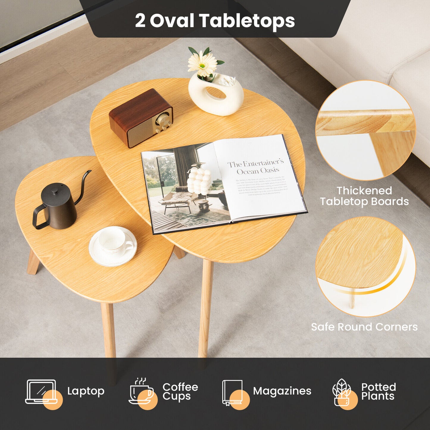Set of 2 Modern Nesting Coffee Tables, Triangle Design, Solid Rubber Wood, Natural Look