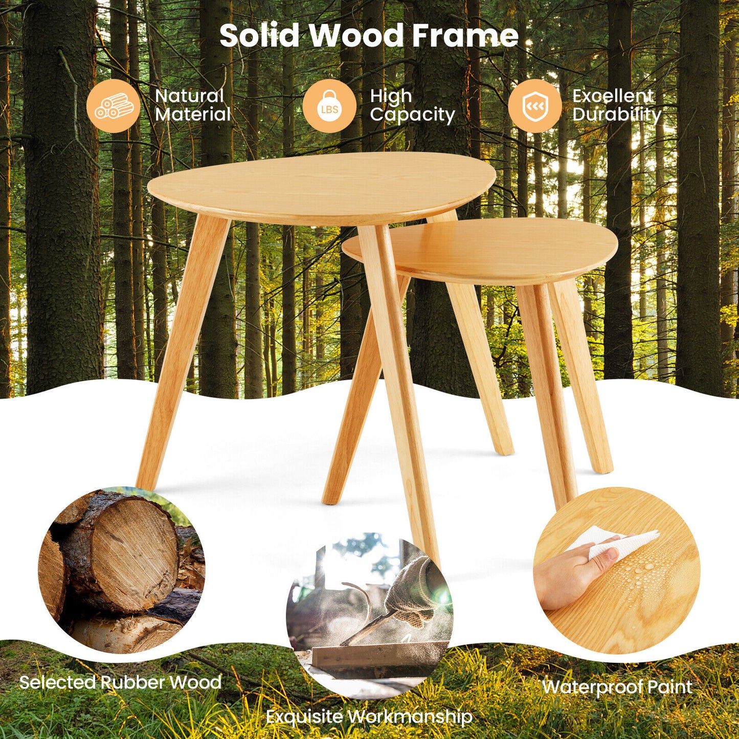 Set of 2 Modern Nesting Coffee Tables, Triangle Design, Solid Rubber Wood, Natural Look