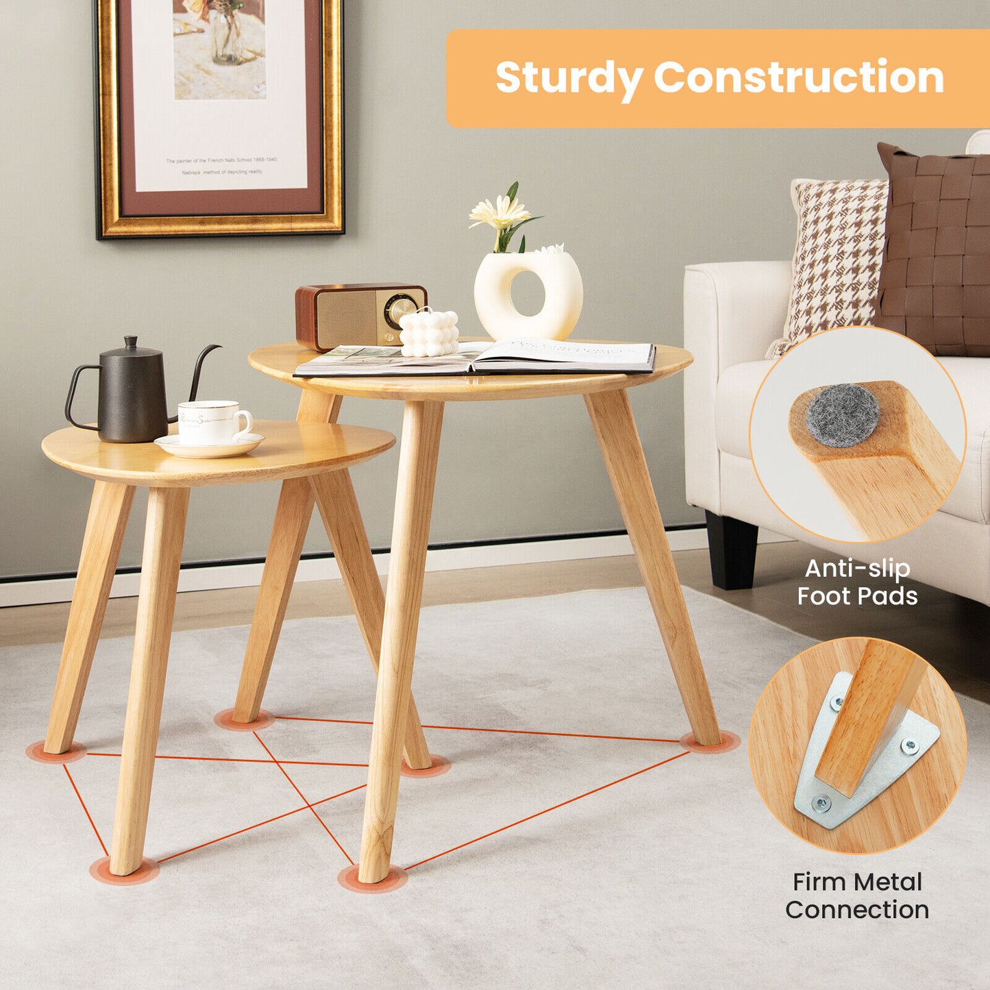 Set of 2 Modern Nesting Coffee Tables, Triangle Design, Solid Rubber Wood, Natural Look
