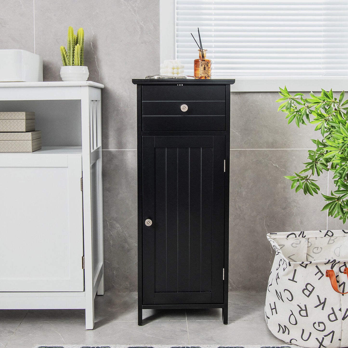 Compact Wooden Bathroom Storage Cabinet with Adjustable Shelf & Drawer