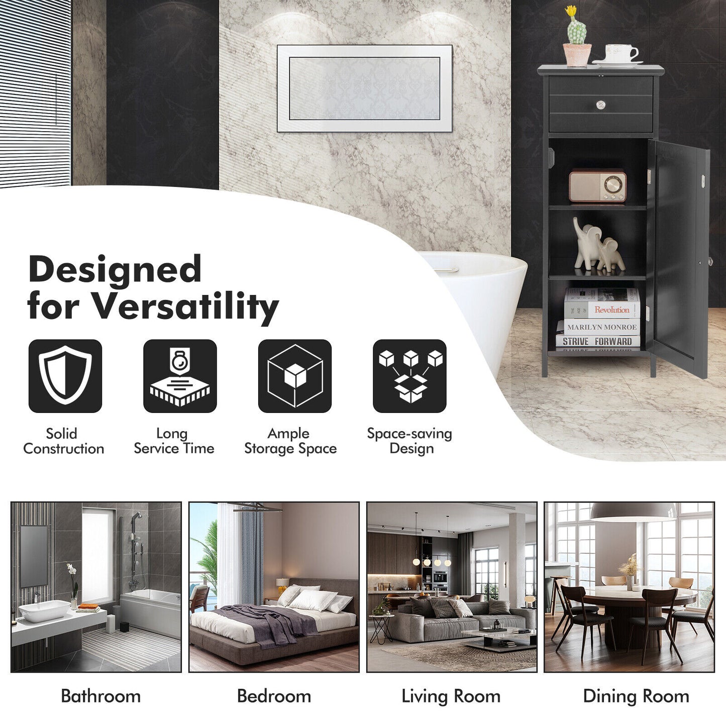 Compact Wooden Bathroom Storage Cabinet with Adjustable Shelf & Drawer