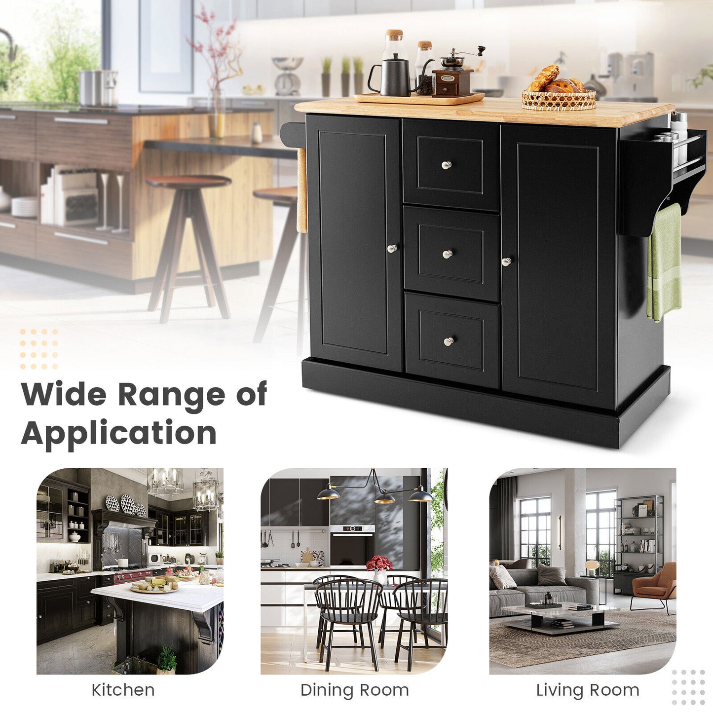 Large Mobile Kitchen Island Cart with 2 Doors, 3 Spacious Drawers, and Hidden Wheels in Black