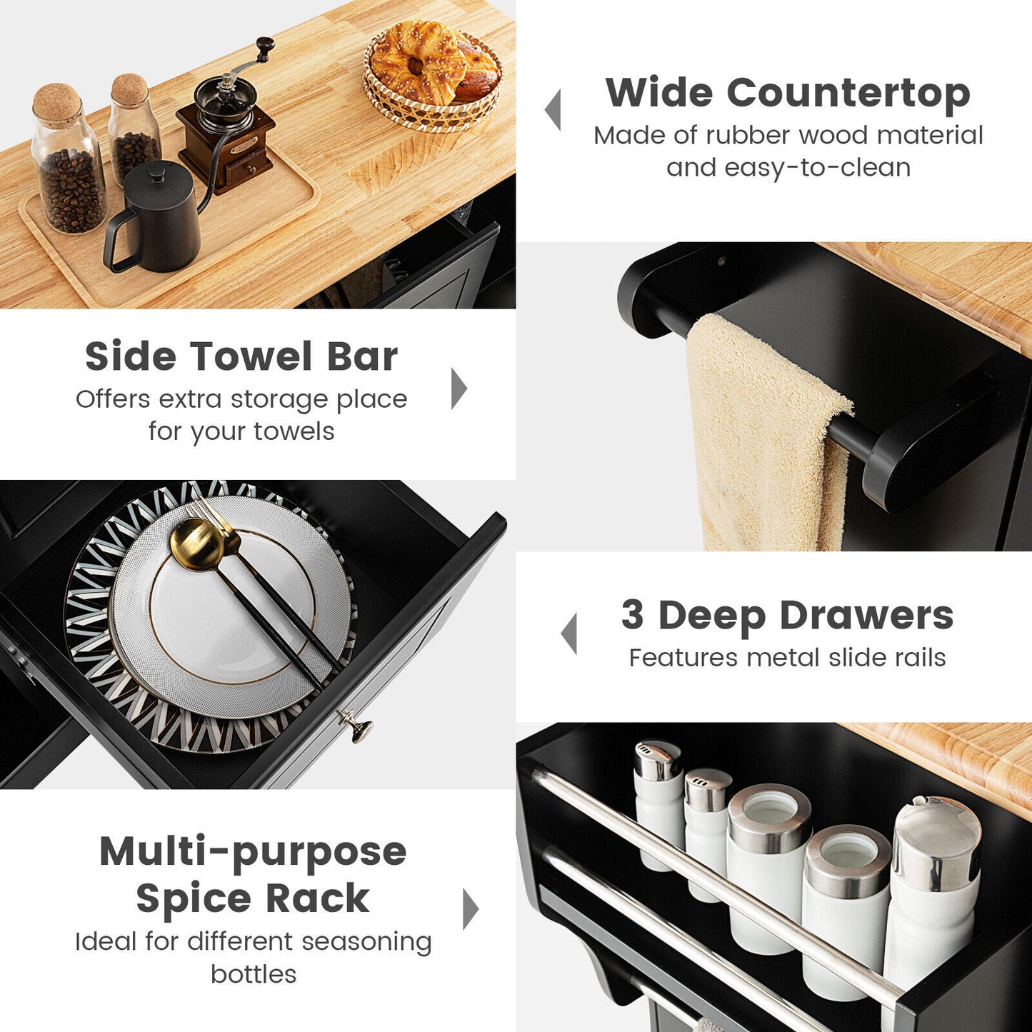Large Mobile Kitchen Island Cart with 2 Doors, 3 Spacious Drawers, and Hidden Wheels in Black