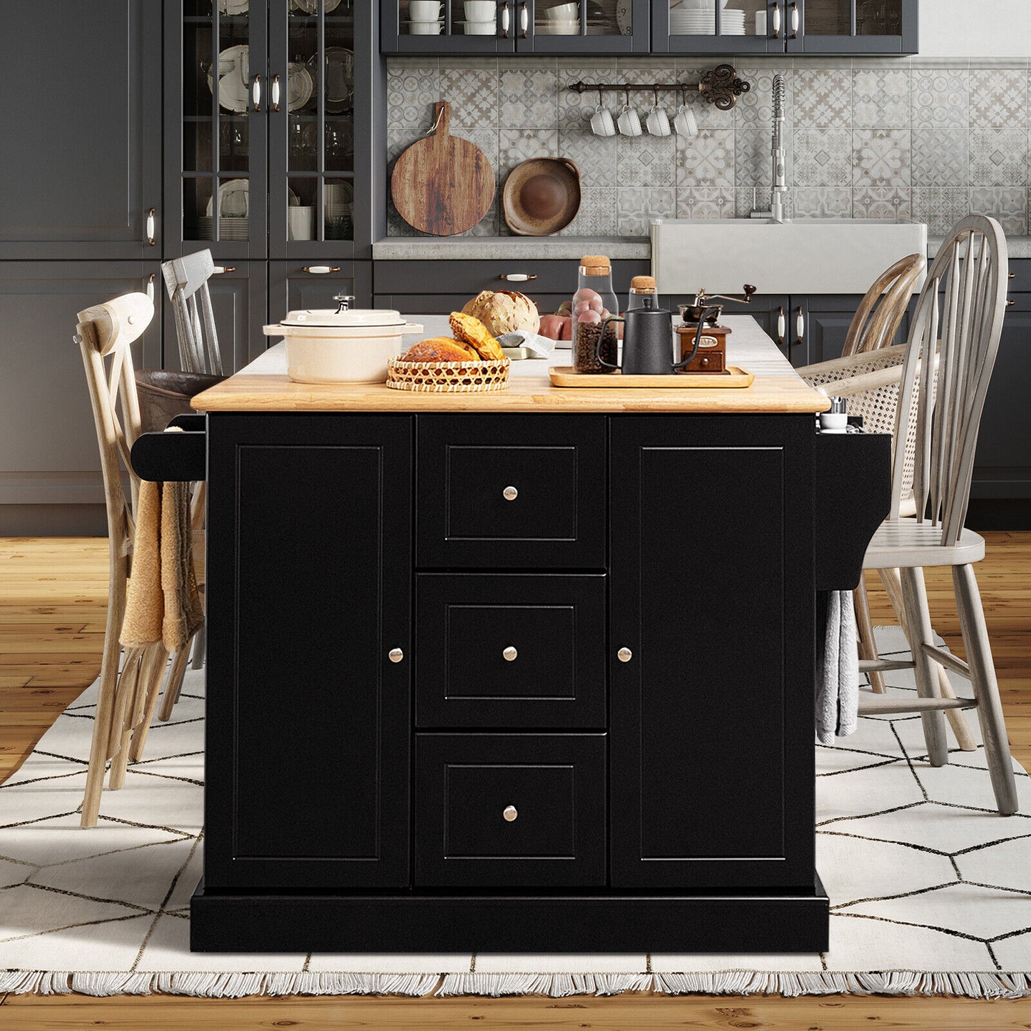 Large Mobile Kitchen Island Cart with 2 Doors, 3 Spacious Drawers, and Hidden Wheels in Black